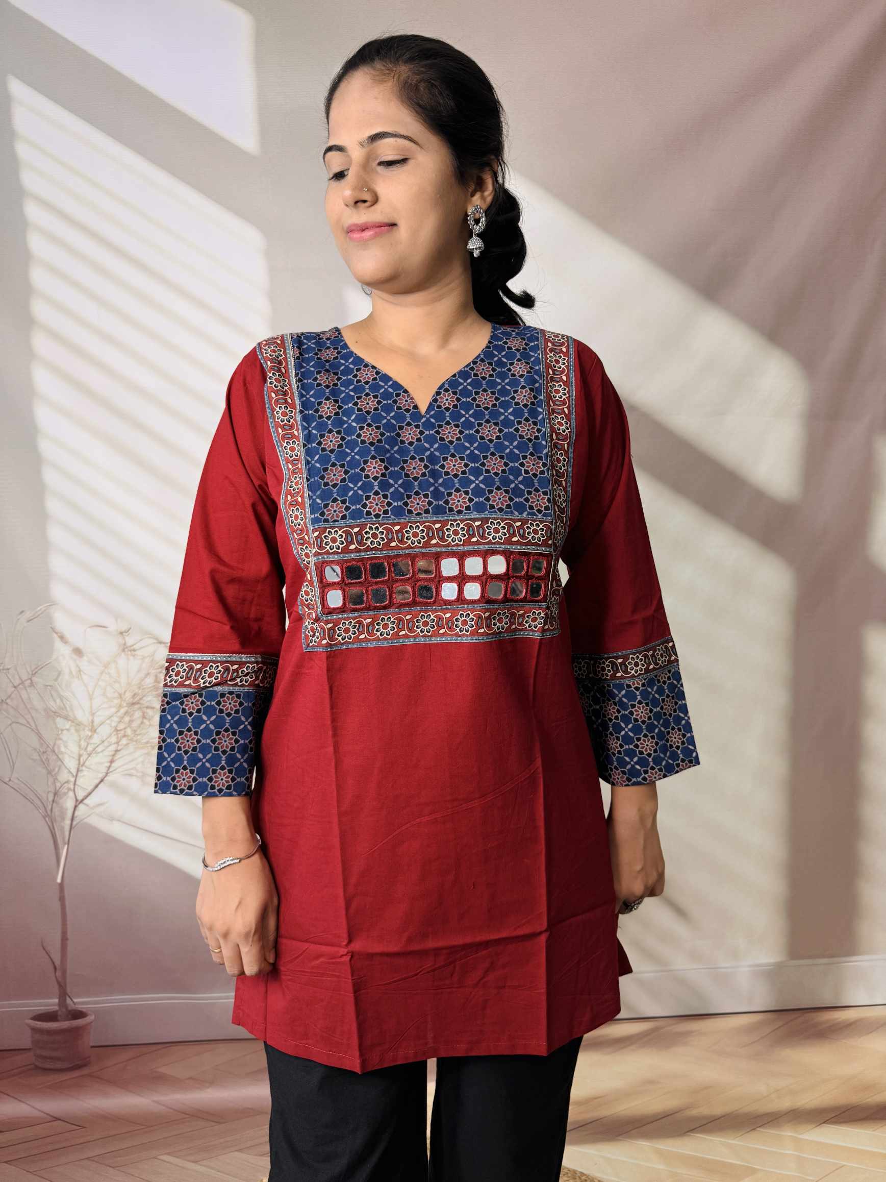 Roop Plain Ajarakh Yoke Mirror Short Top