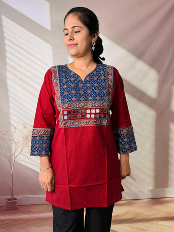 Roop Plain Ajarakh Yoke Mirror Short Top