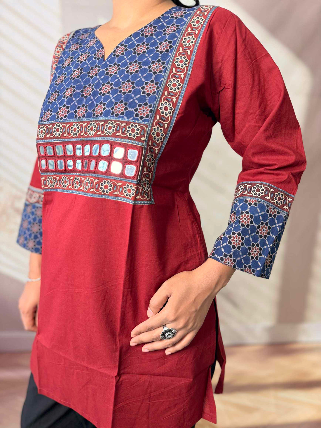 Roop Plain Ajarakh Yoke Mirror Short Top