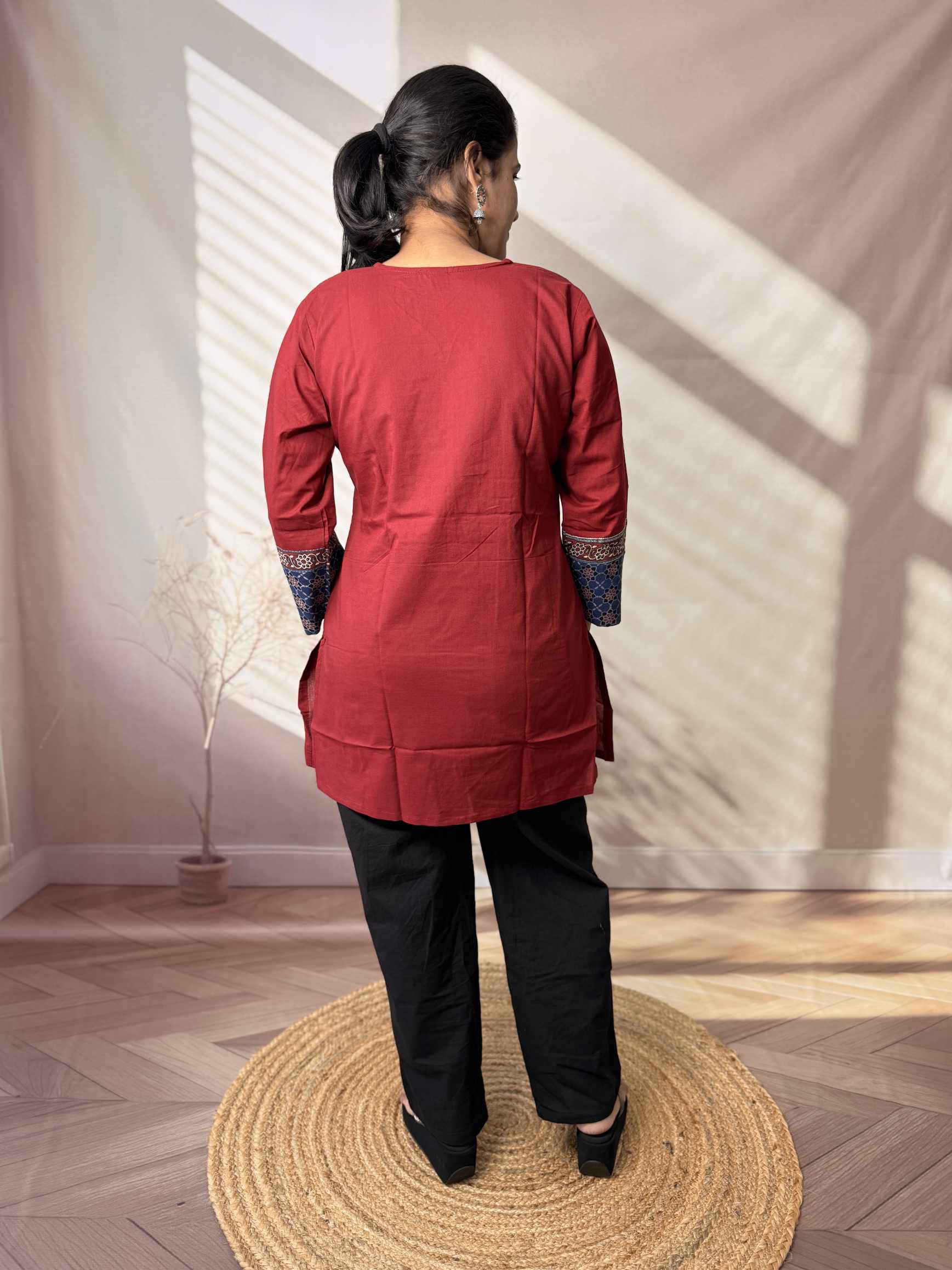 Roop Plain Ajarakh Yoke Mirror Short Top