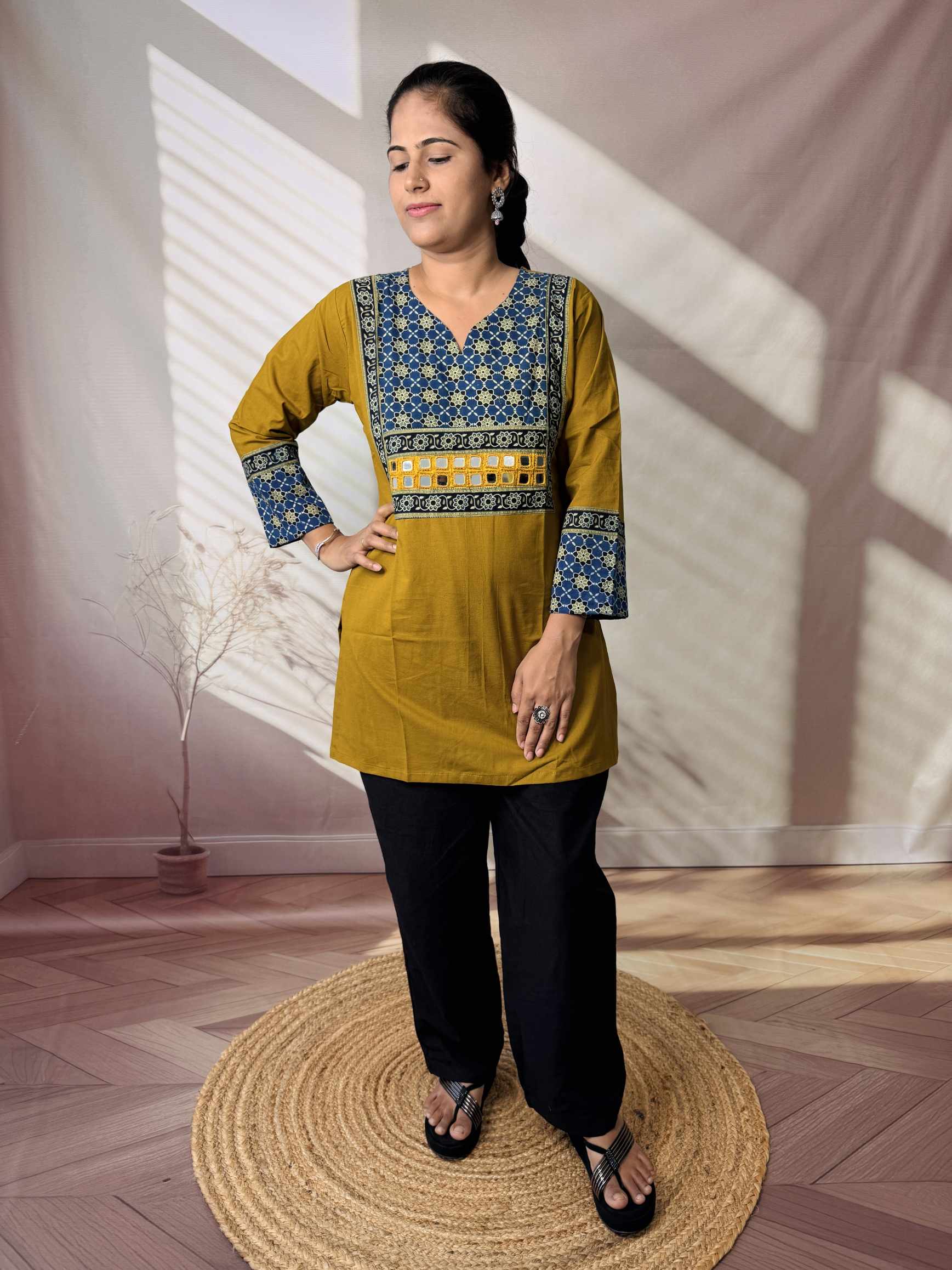 Roop Plain Ajarakh Yoke Mirror Short Top