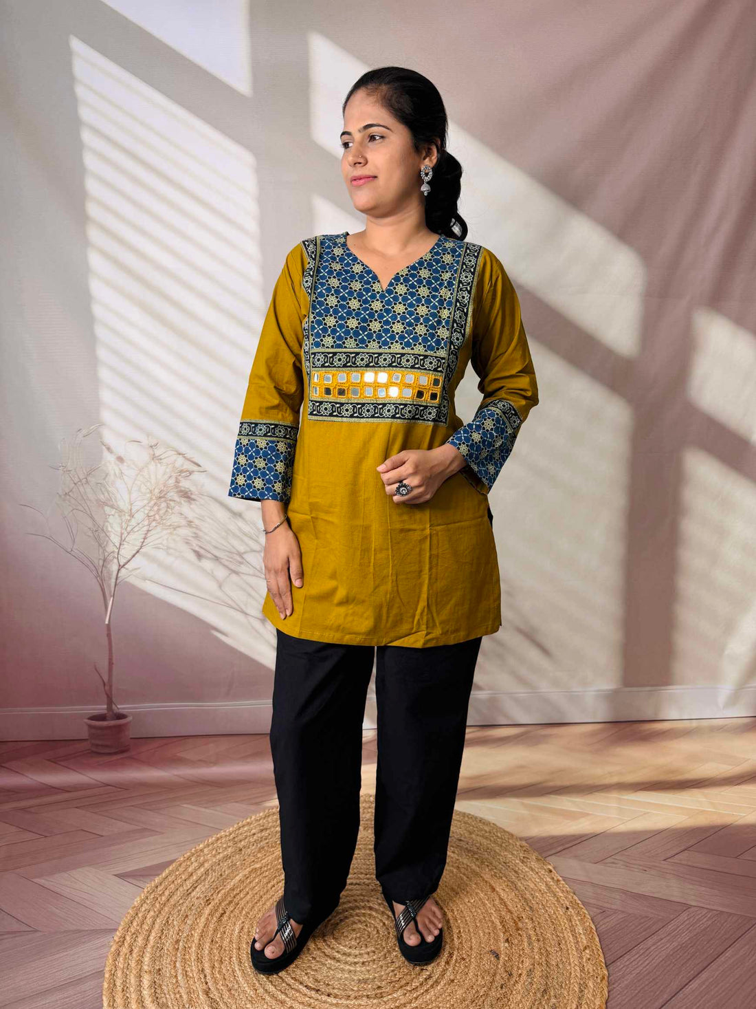 Roop Plain Ajarakh Yoke Mirror Short Top
