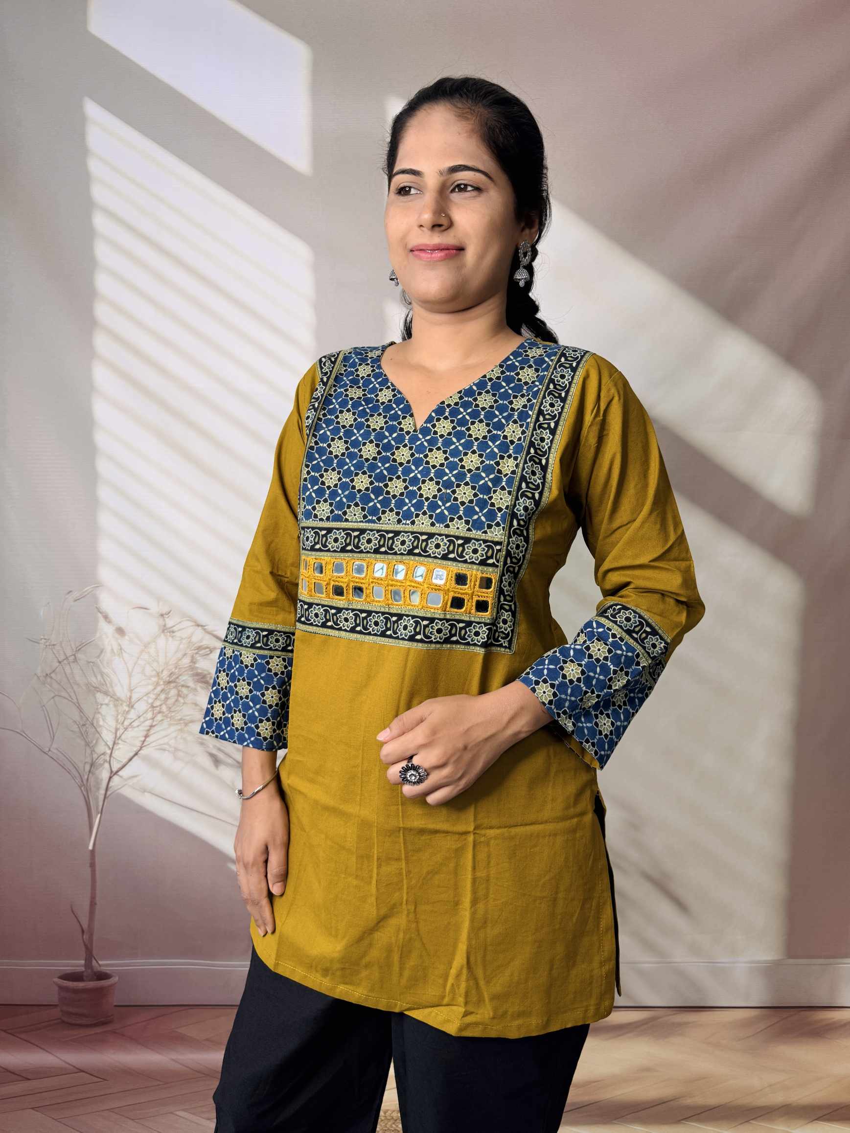 Roop Plain Ajarakh Yoke Mirror Short Top