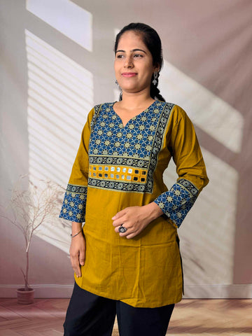 Roop Plain Ajarakh Yoke Mirror Short Top