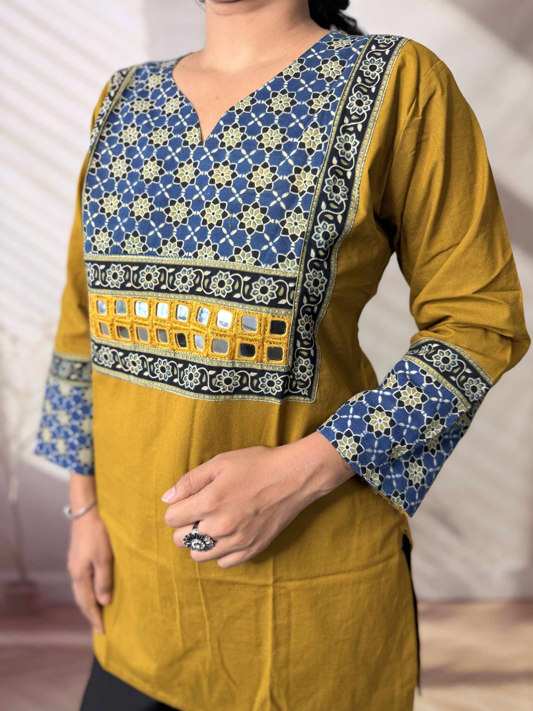 Roop Plain Ajarakh Yoke Mirror Short Top