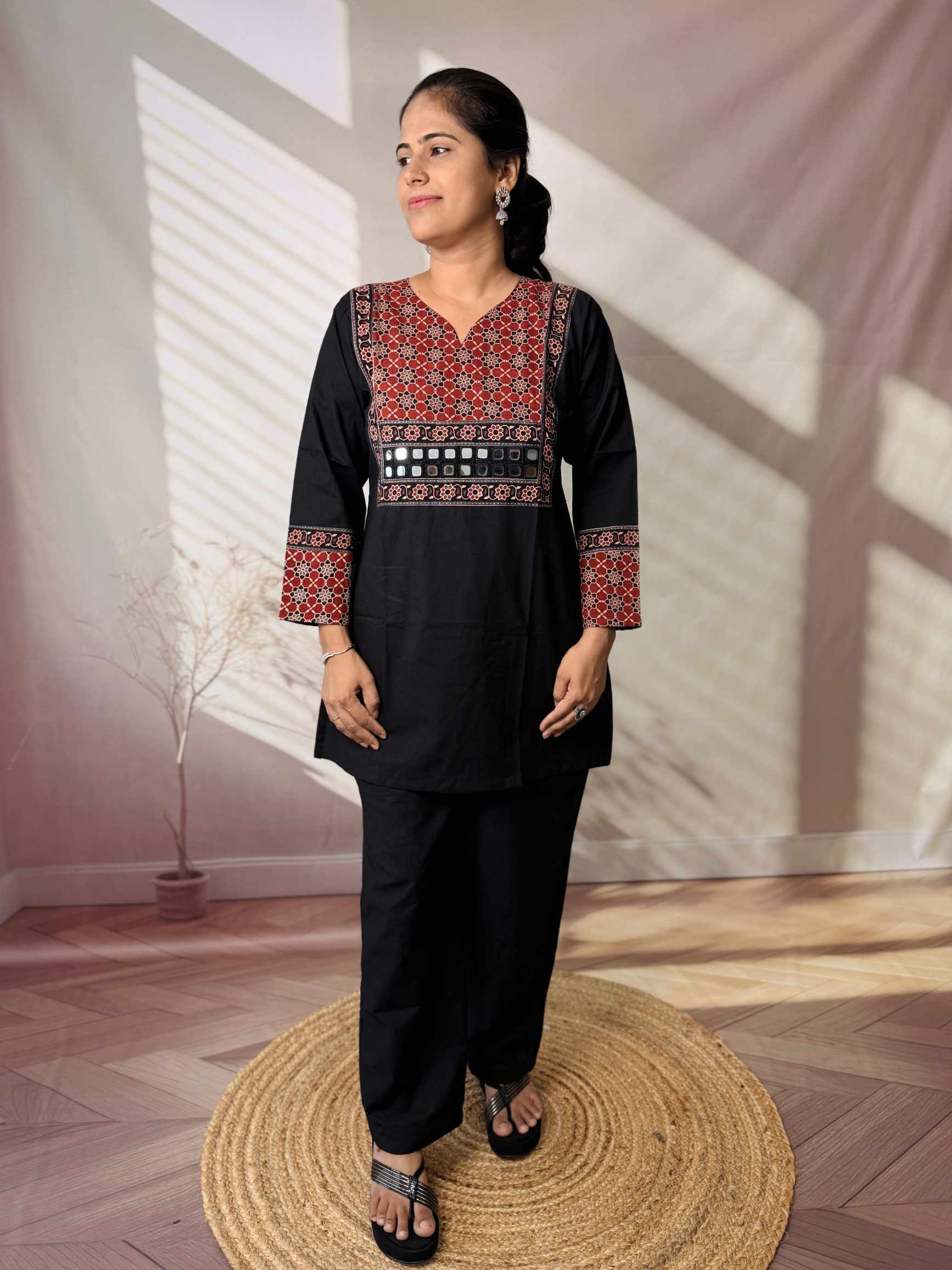 Roop Plain Ajarakh Yoke Mirror Short Top