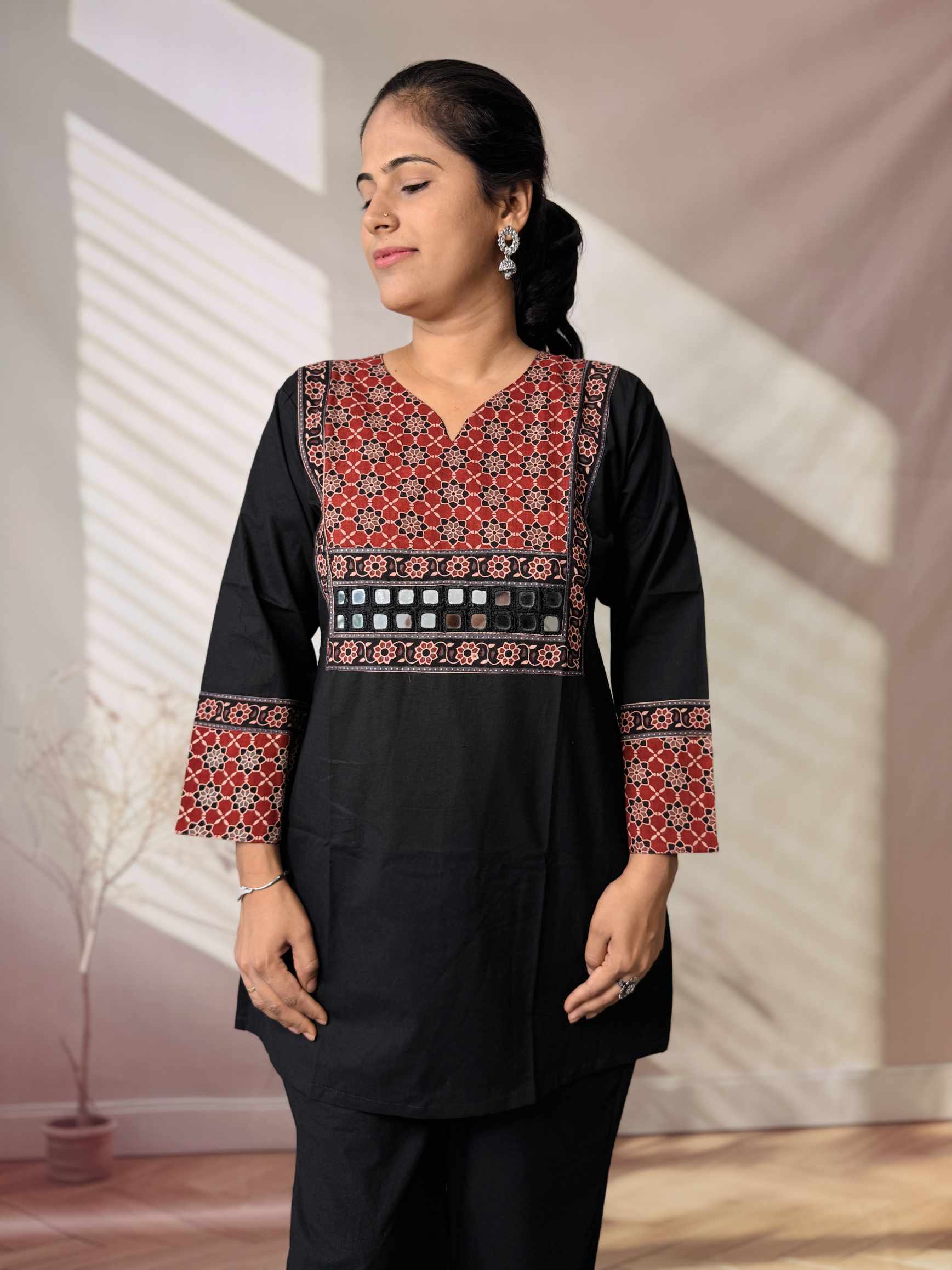 Roop Plain Ajarakh Yoke Mirror Short Top