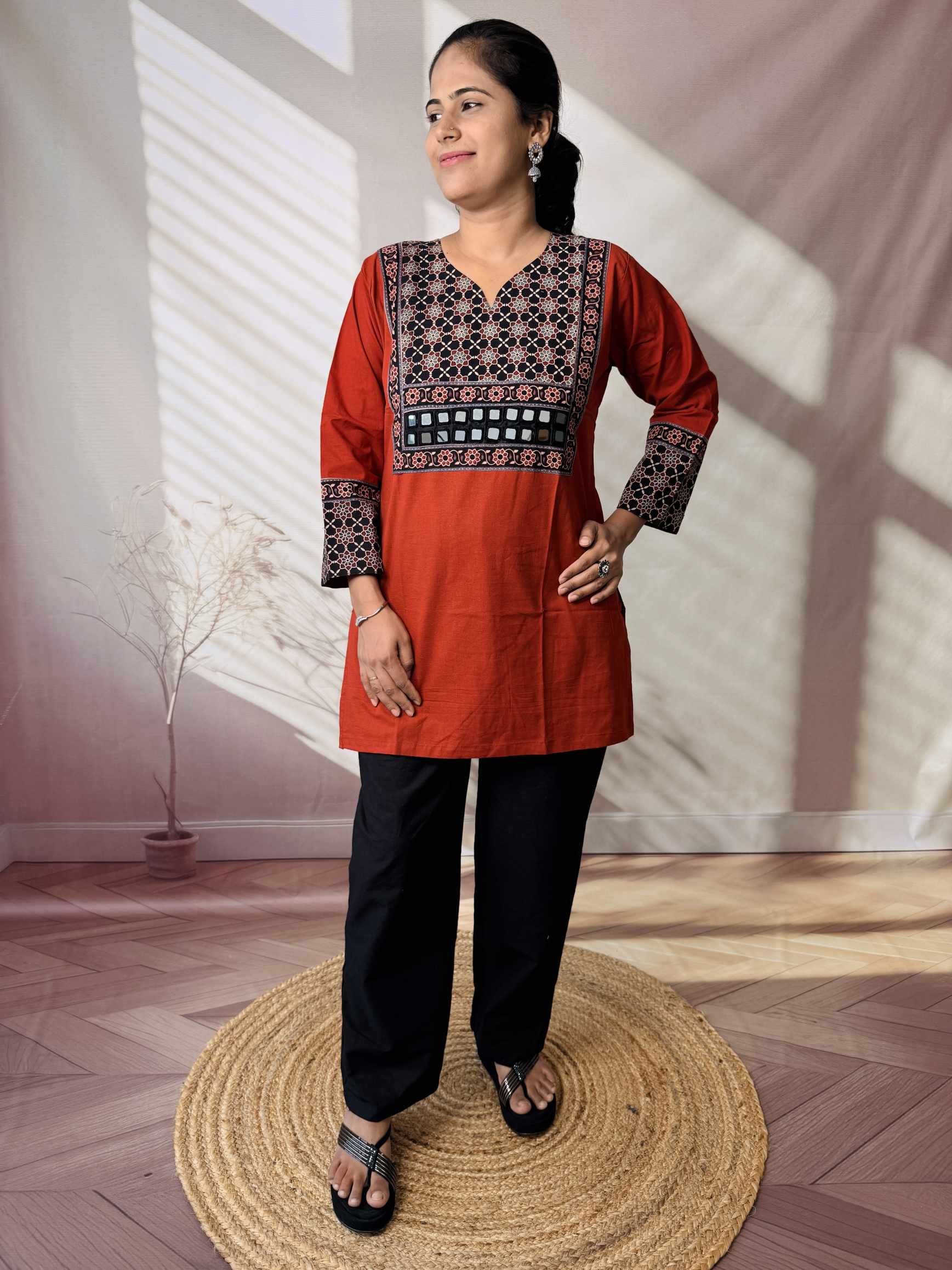 Roop Plain Ajarakh Yoke Mirror Short Top