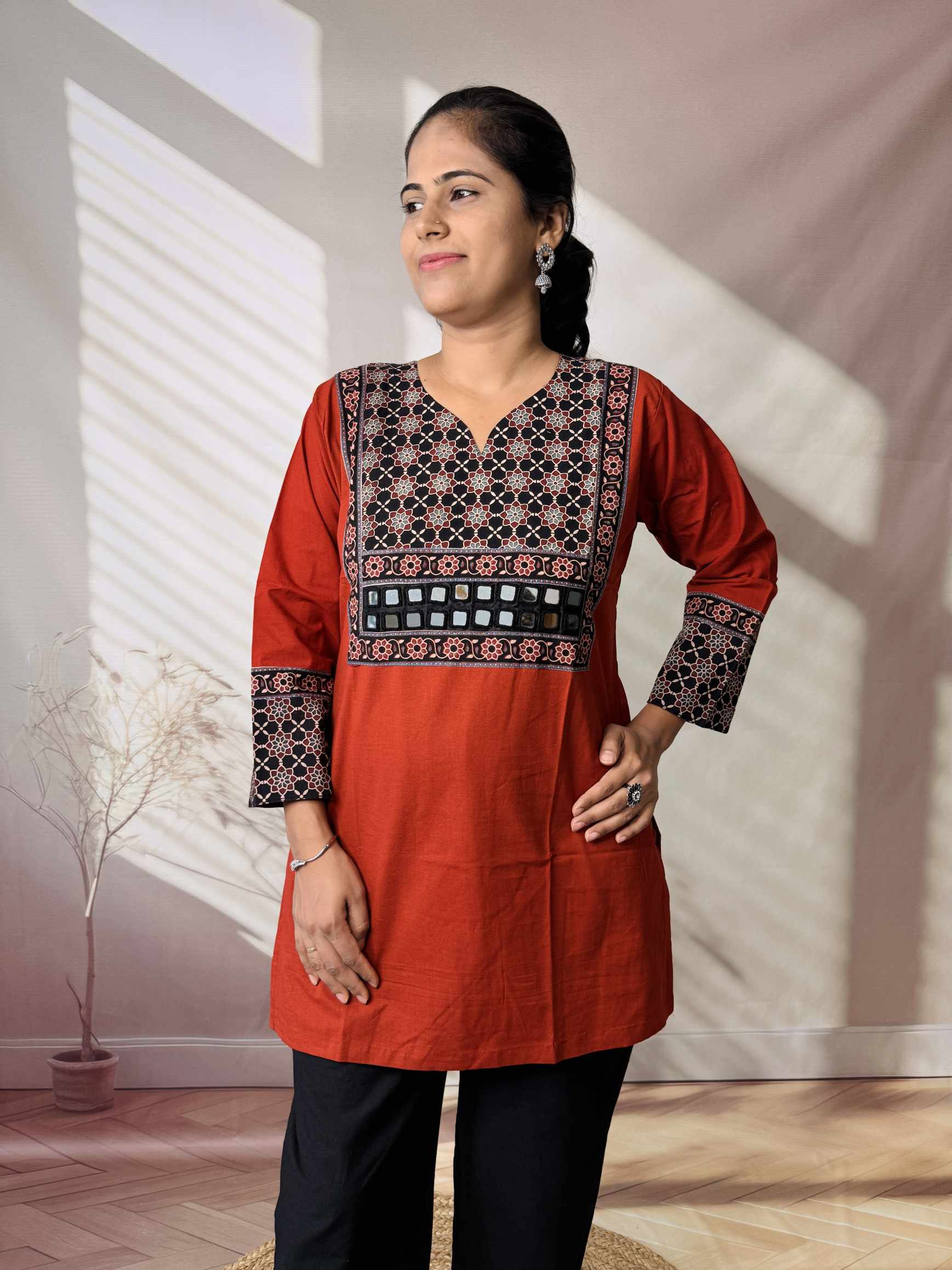 Roop Plain Ajarakh Yoke Mirror Short Top