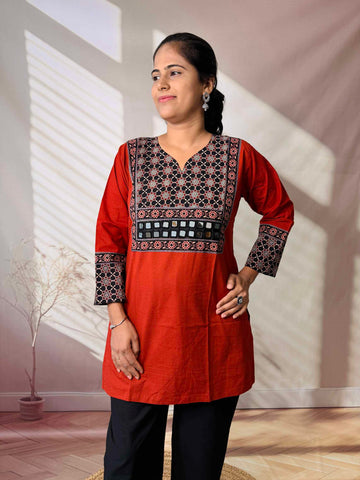 Roop Plain Ajarakh Yoke Mirror Short Top