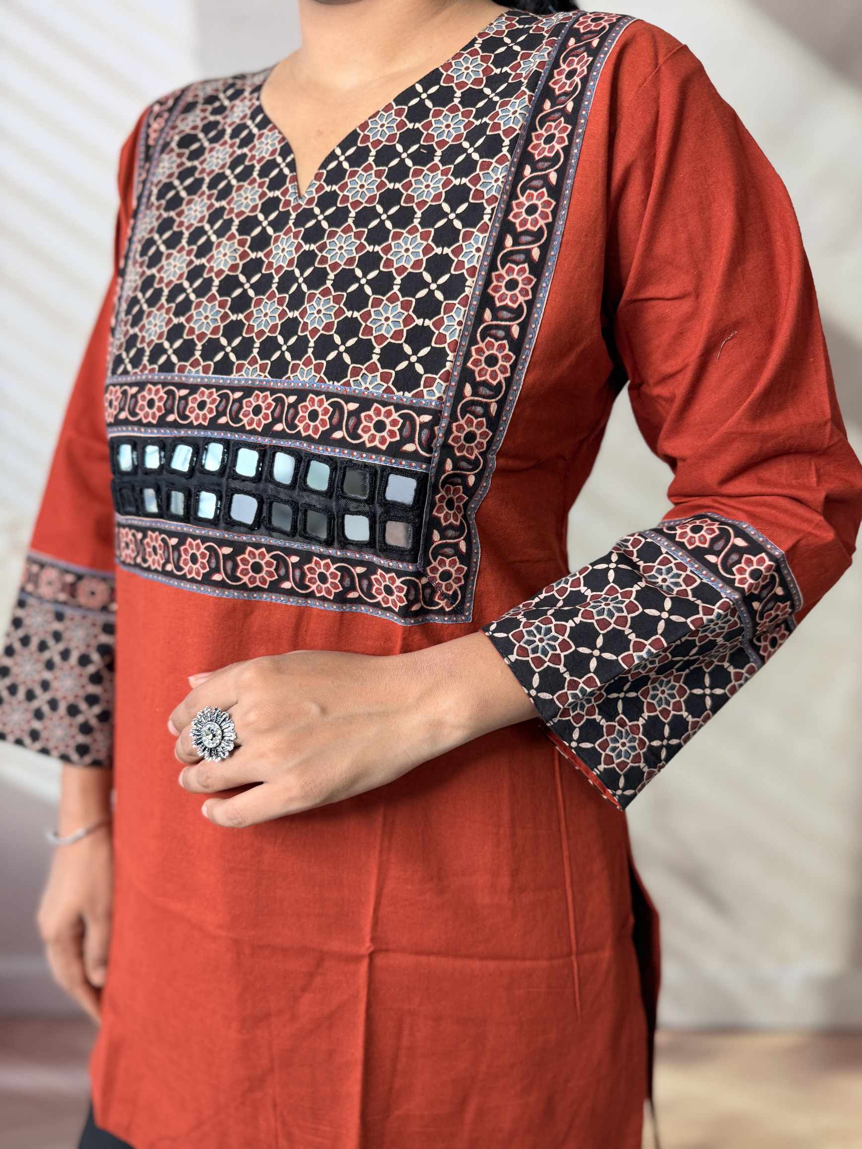 Roop Plain Ajarakh Yoke Mirror Short Top