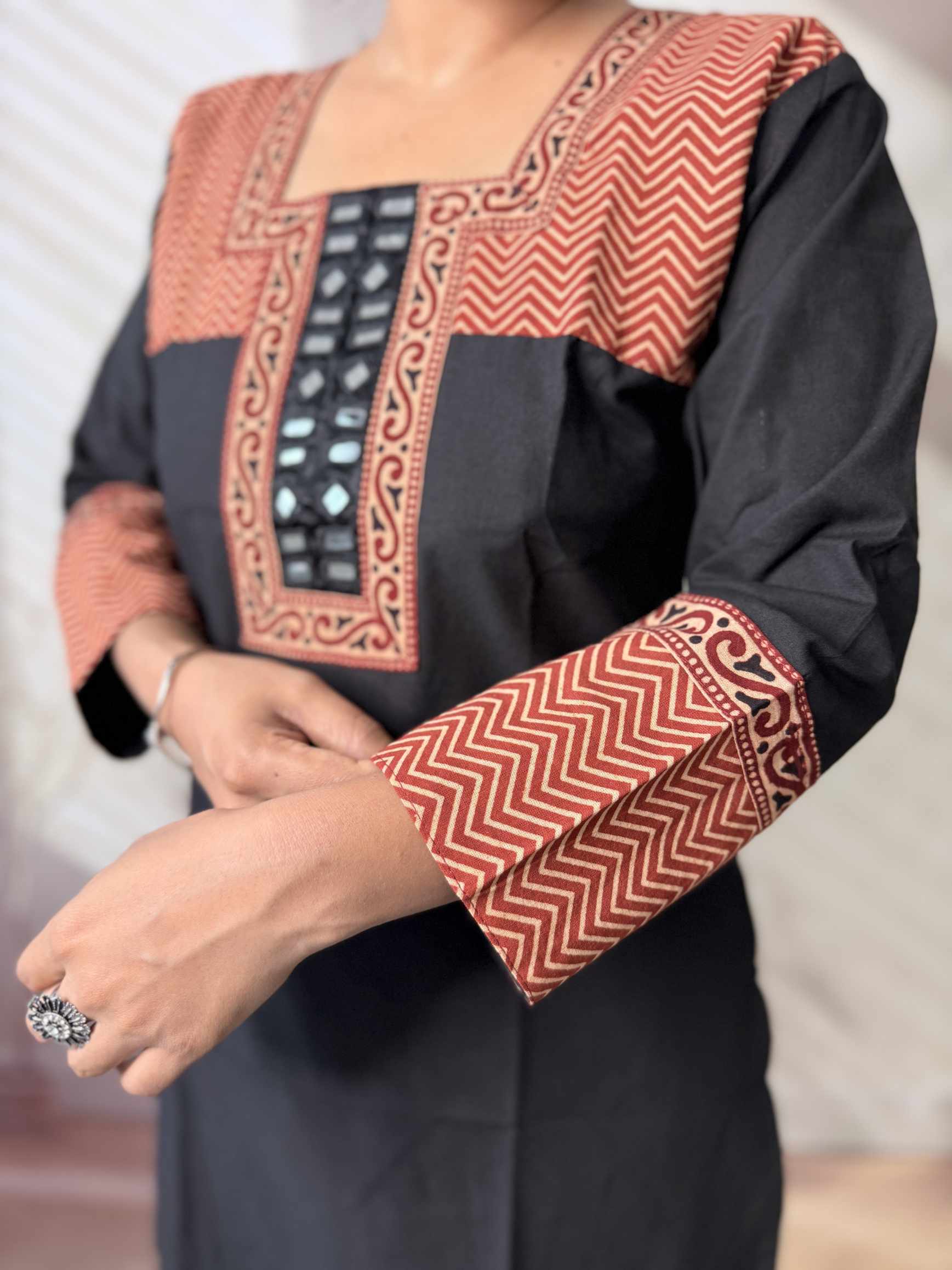 Bella Plain Ajarakh Yoke Mirror Short Top