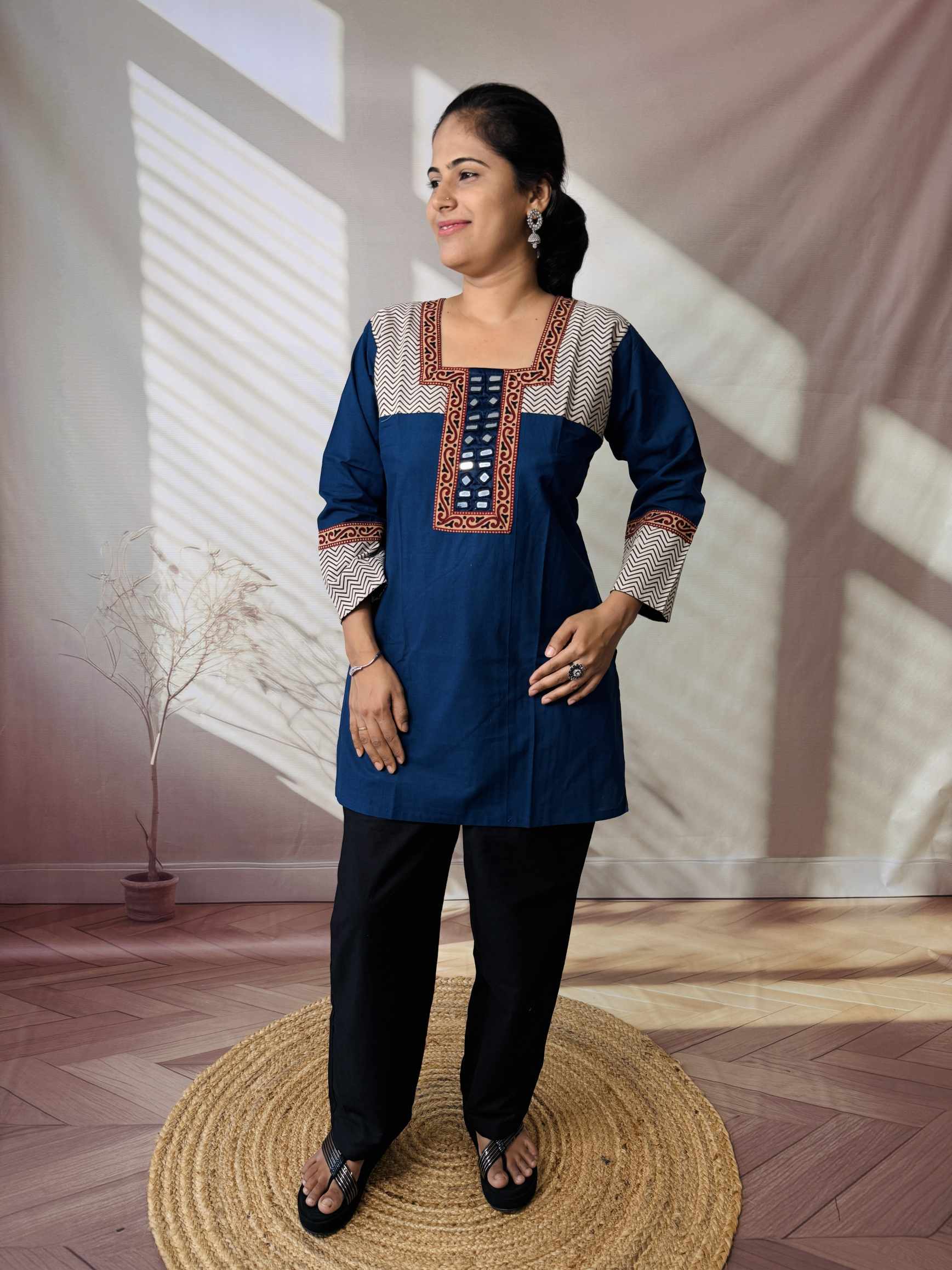 Bella Plain Ajarakh Yoke Mirror Short Top