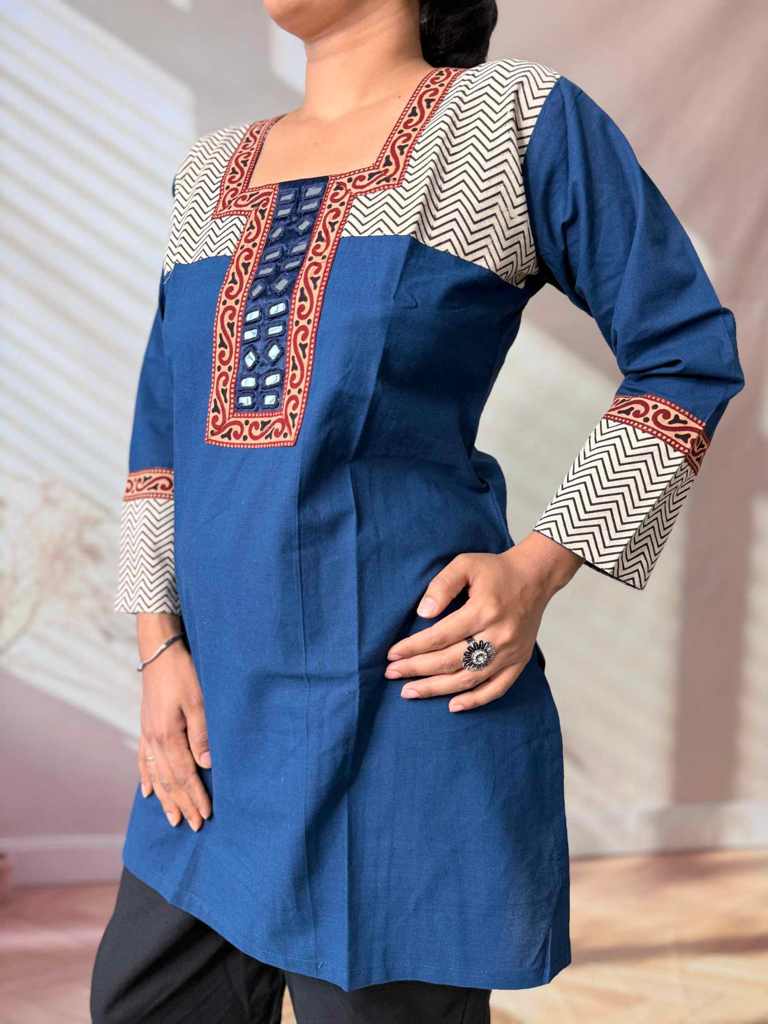 Bella Plain Ajarakh Yoke Mirror Short Top