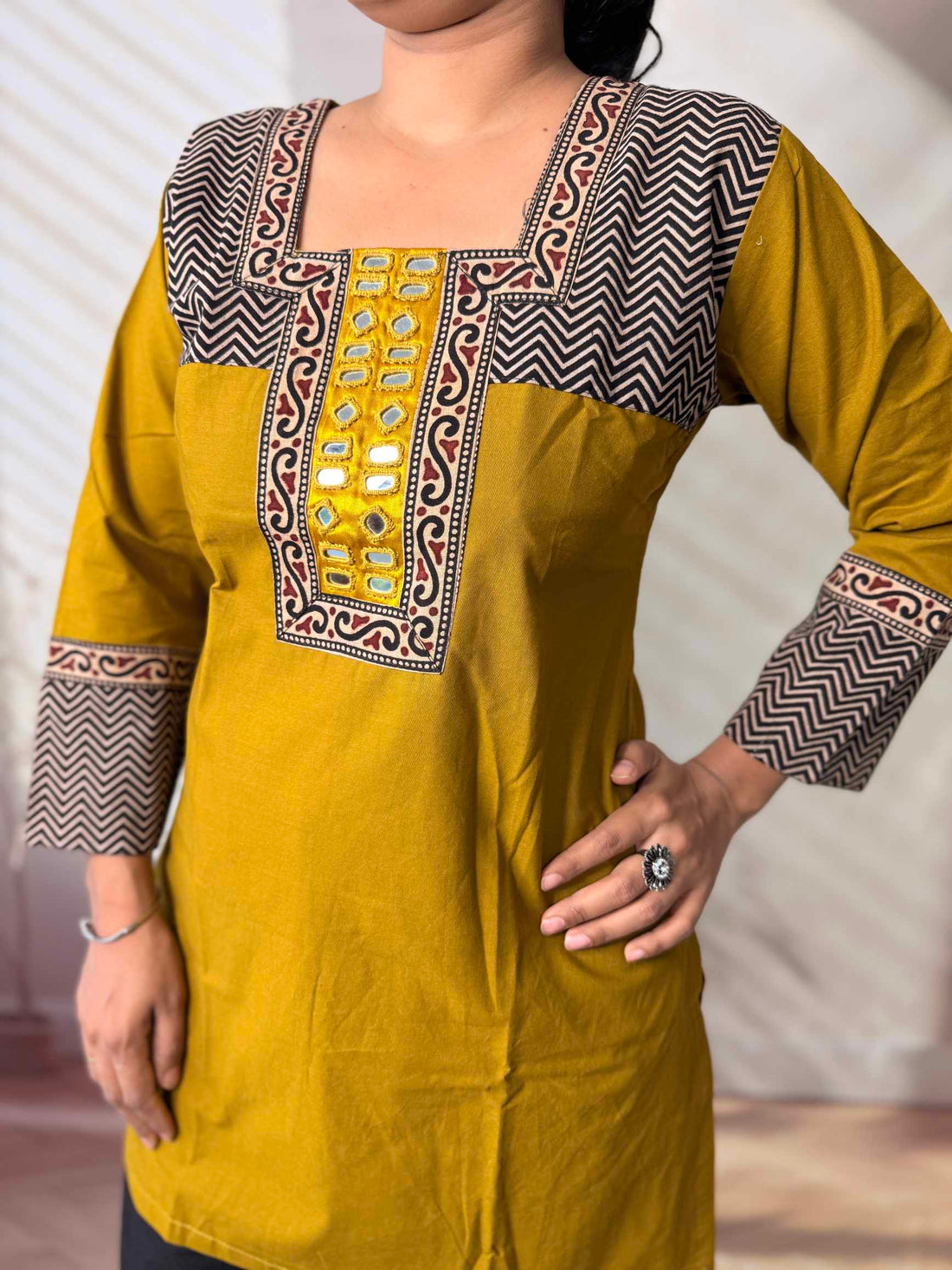 Bella Plain Ajarakh Yoke Mirror Short Top