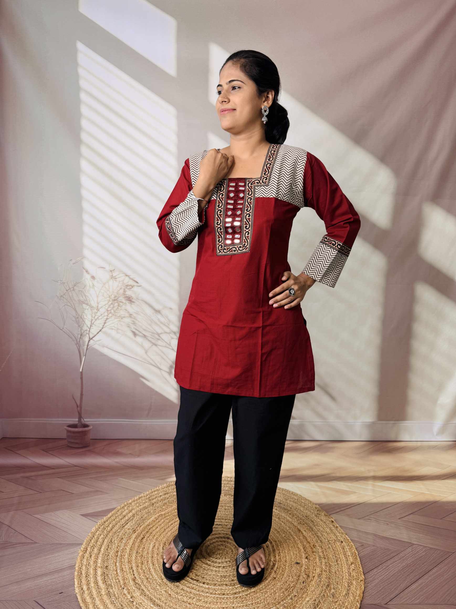 Bella Plain Ajarakh Yoke Mirror Short Top