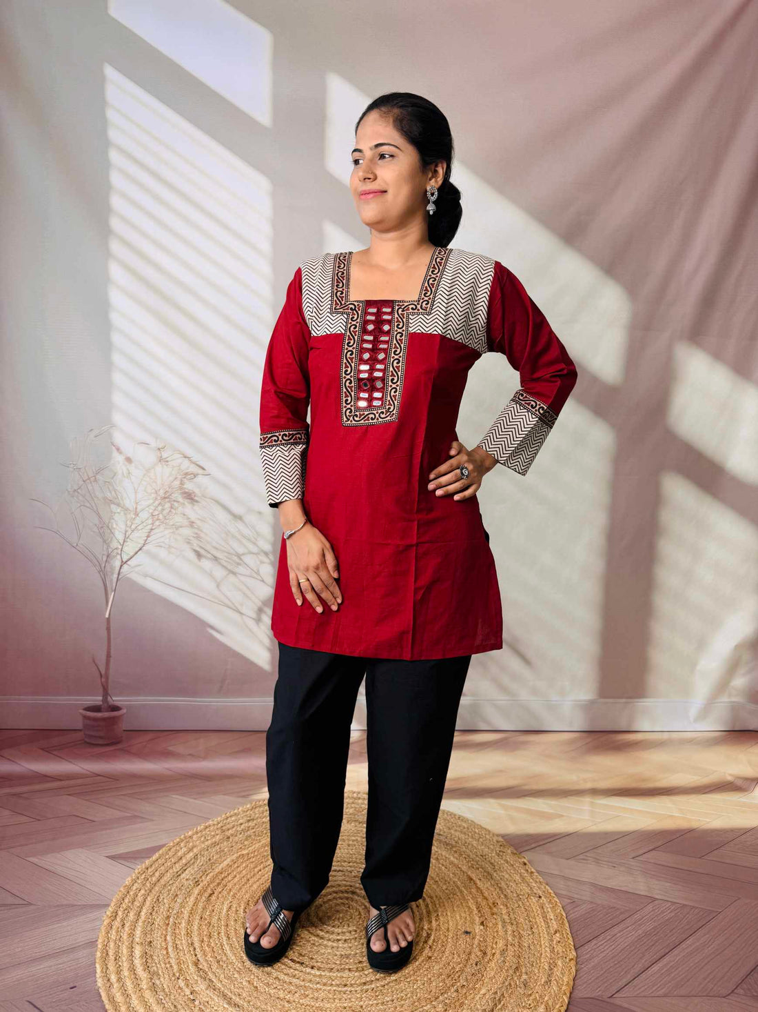 Bella Plain Ajarakh Yoke Mirror Short Top