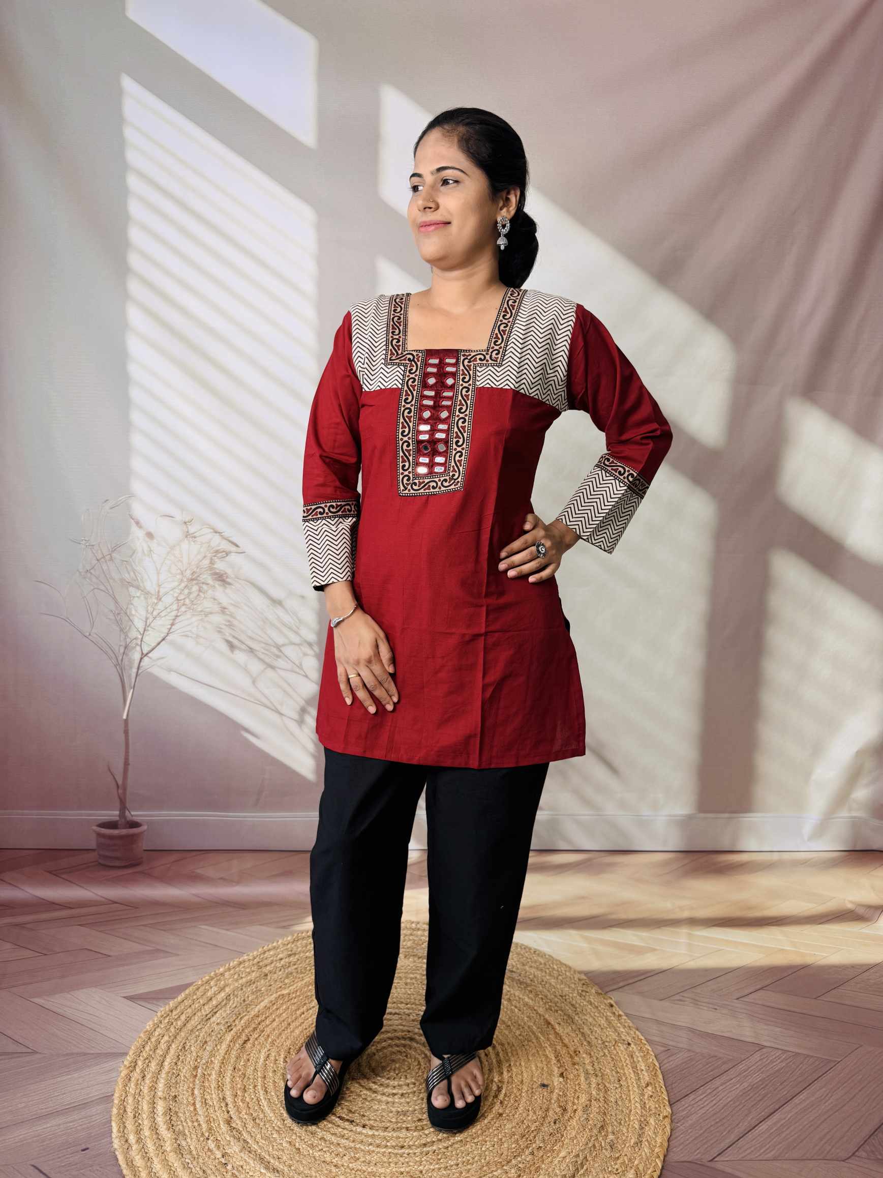 Bella Plain Ajarakh Yoke Mirror Short Top