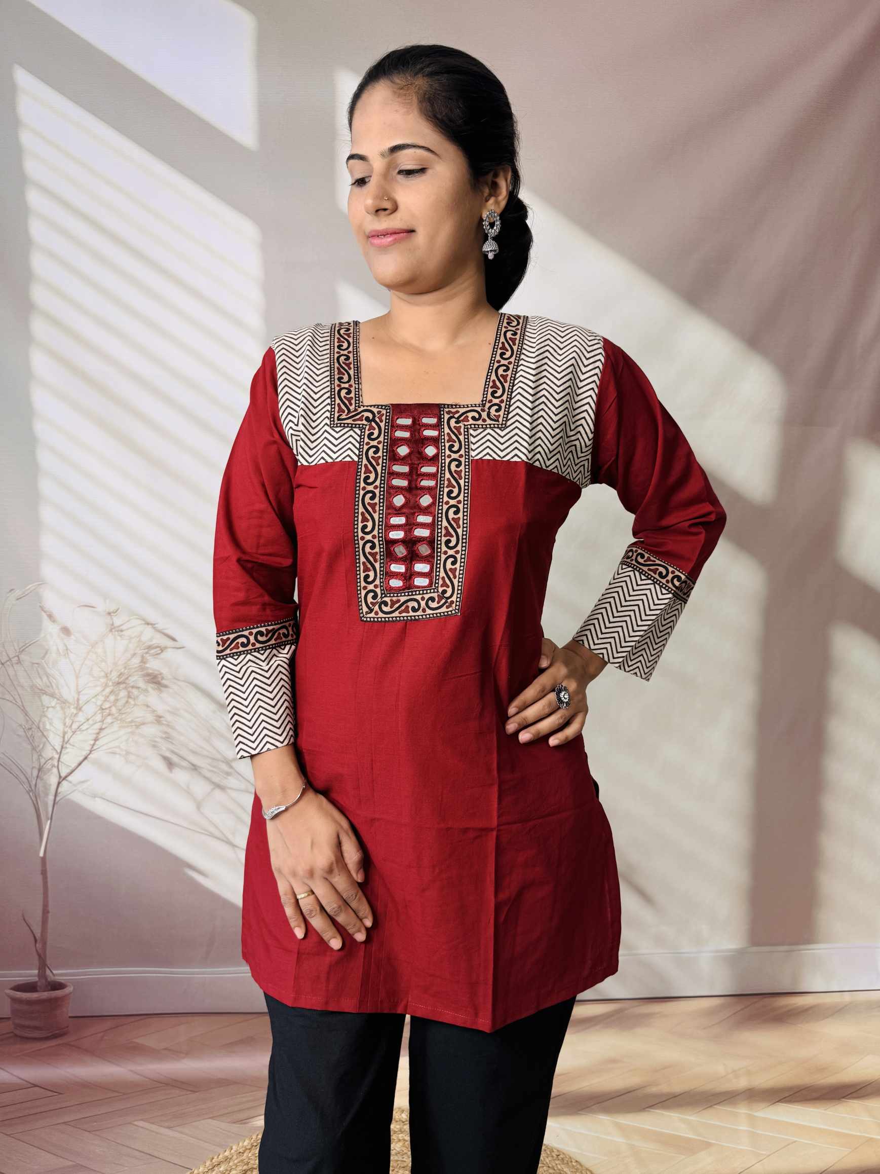Bella Plain Ajarakh Yoke Mirror Short Top