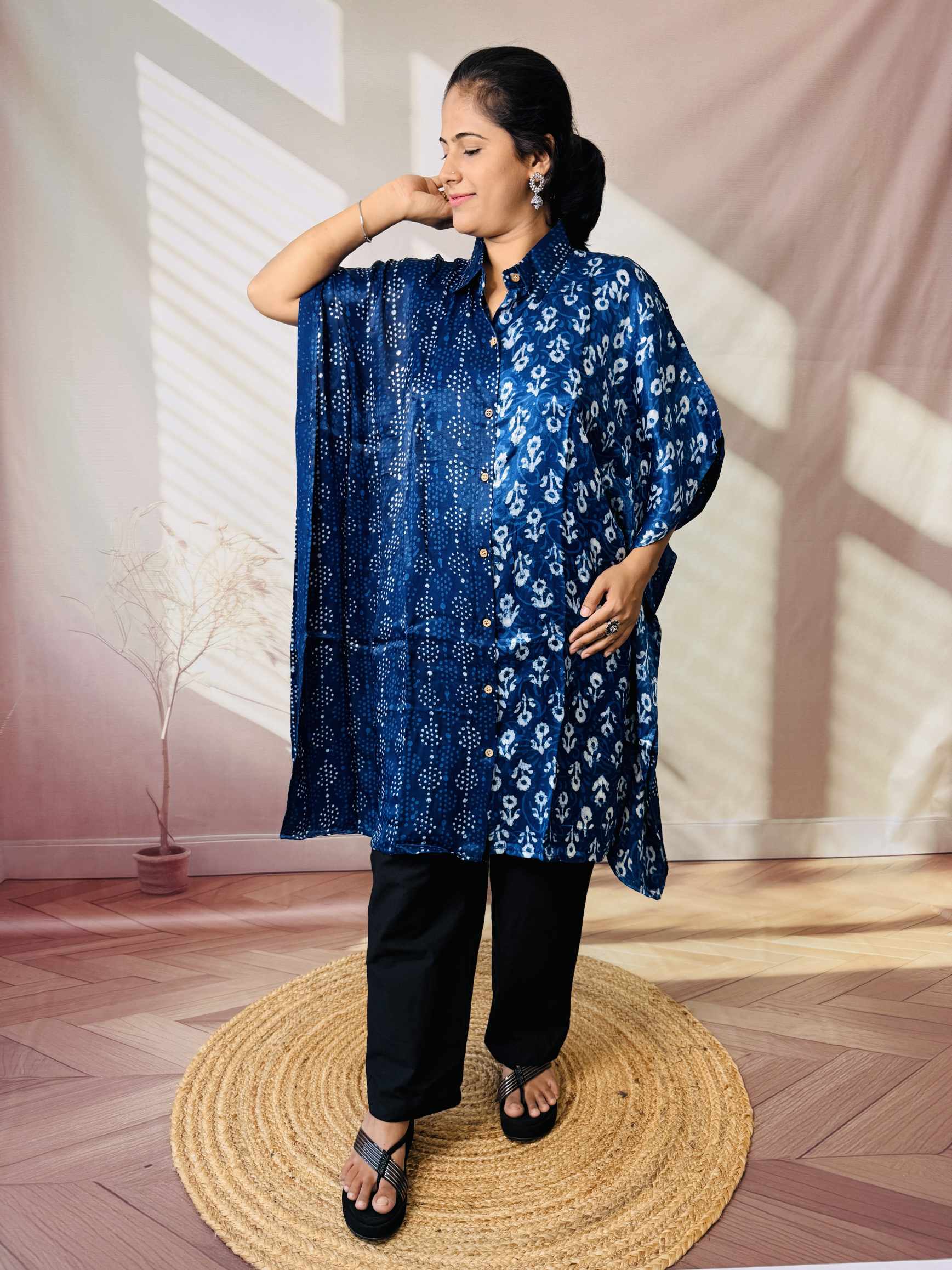 Ela Indigo Dabu Modal Silk Kaftaan