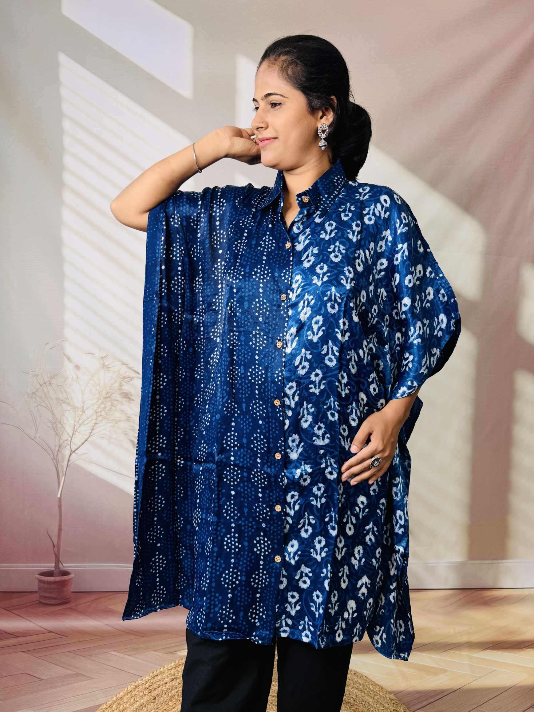 Ela Indigo Dabu Modal Silk Kaftaan