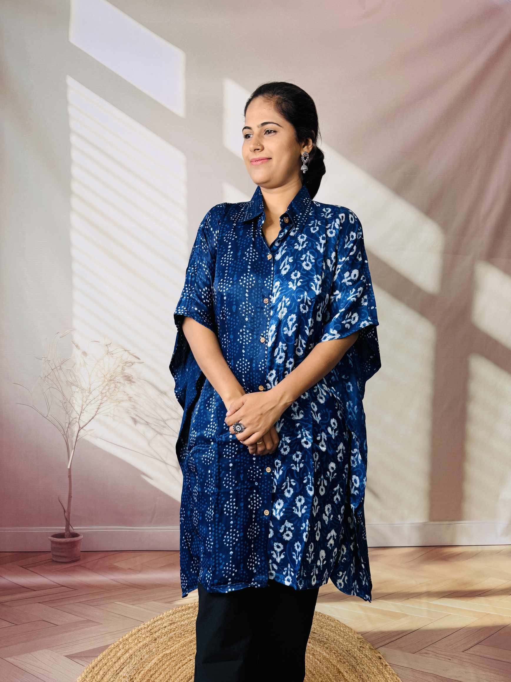 Ela Indigo Dabu Modal Silk Kaftaan