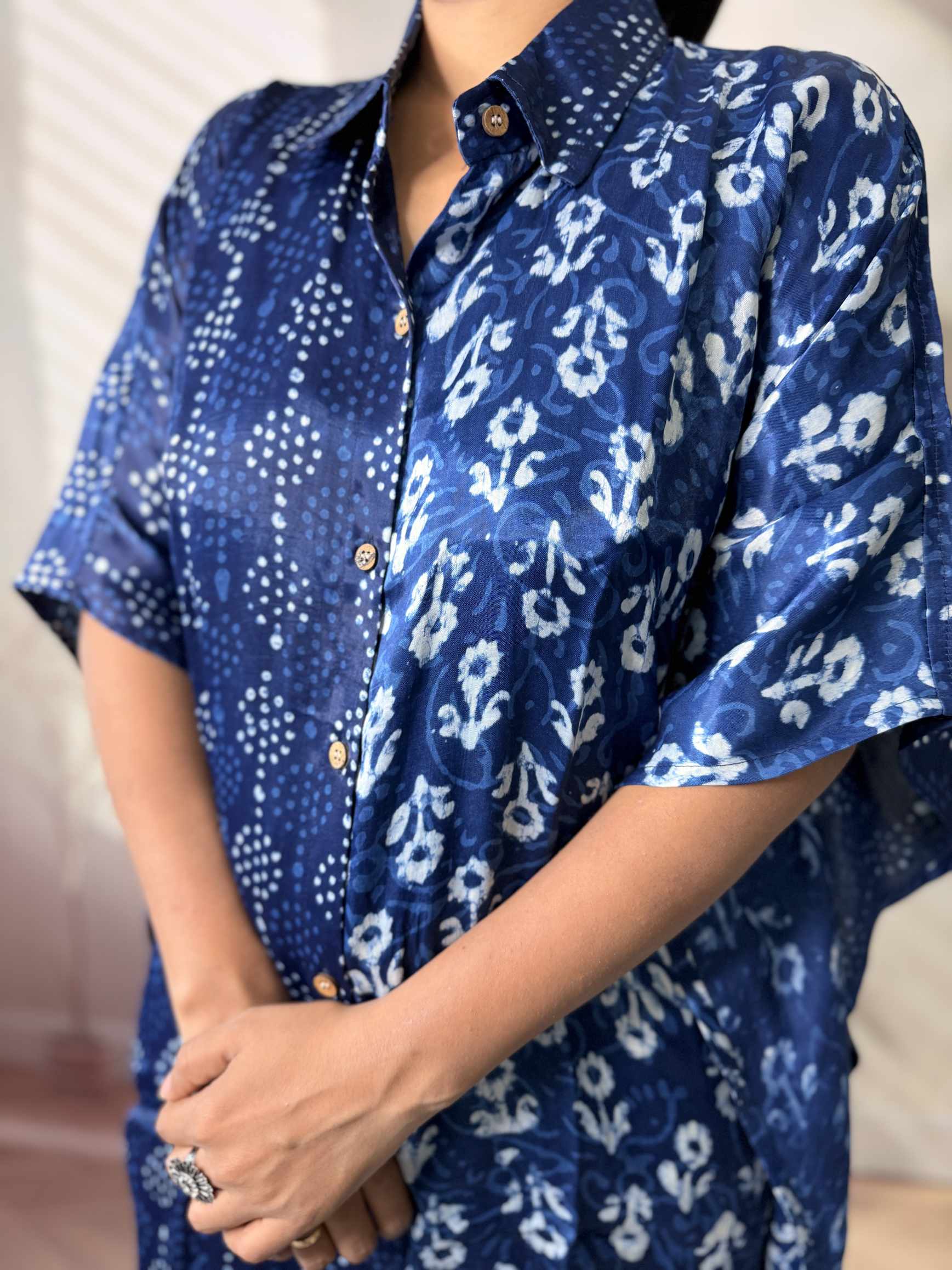 Ela Indigo Dabu Modal Silk Kaftaan