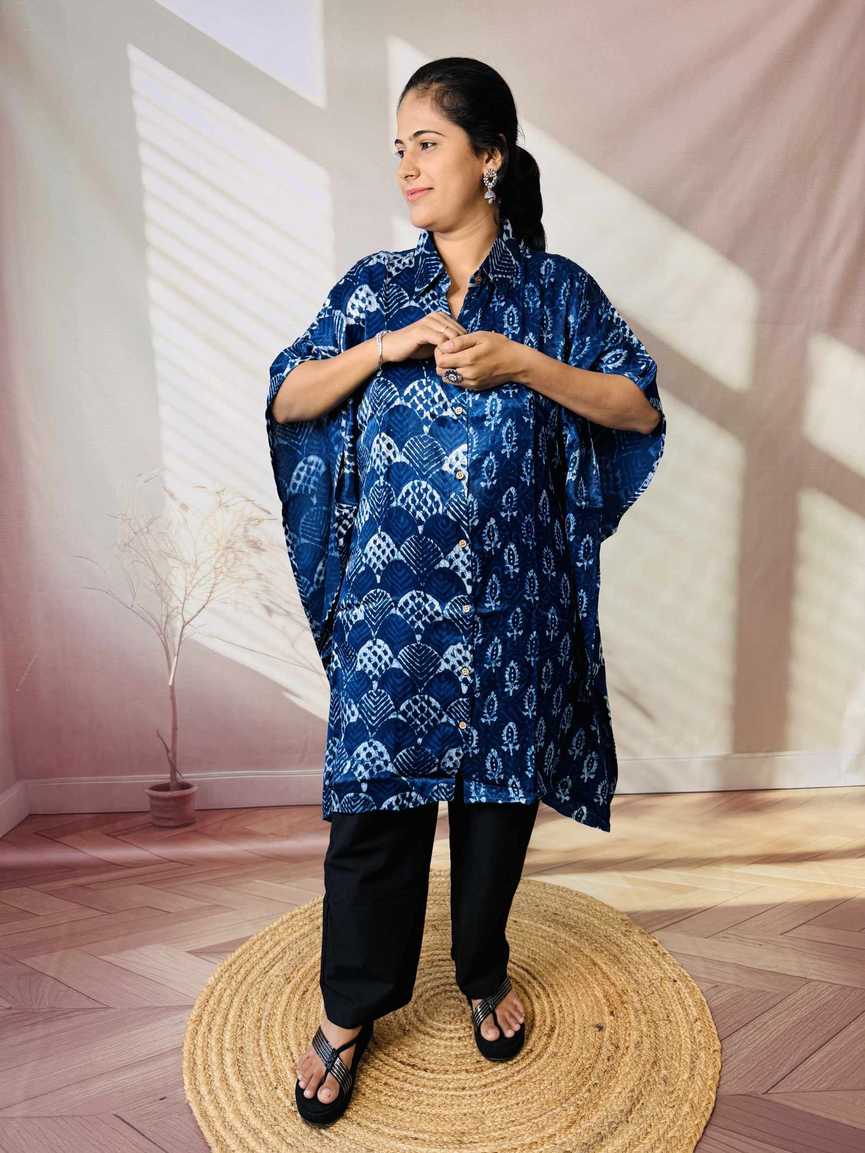 Ela Indigo Dabu Modal Silk Kaftaan
