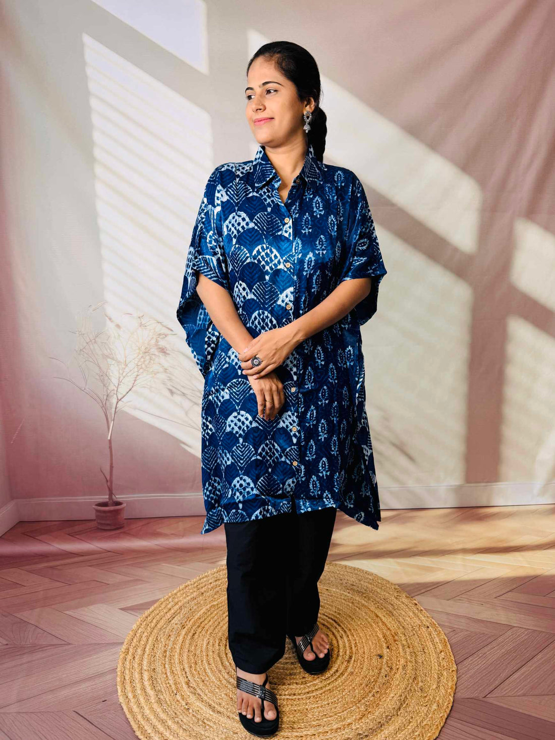 Ela Indigo Dabu Modal Silk Kaftaan