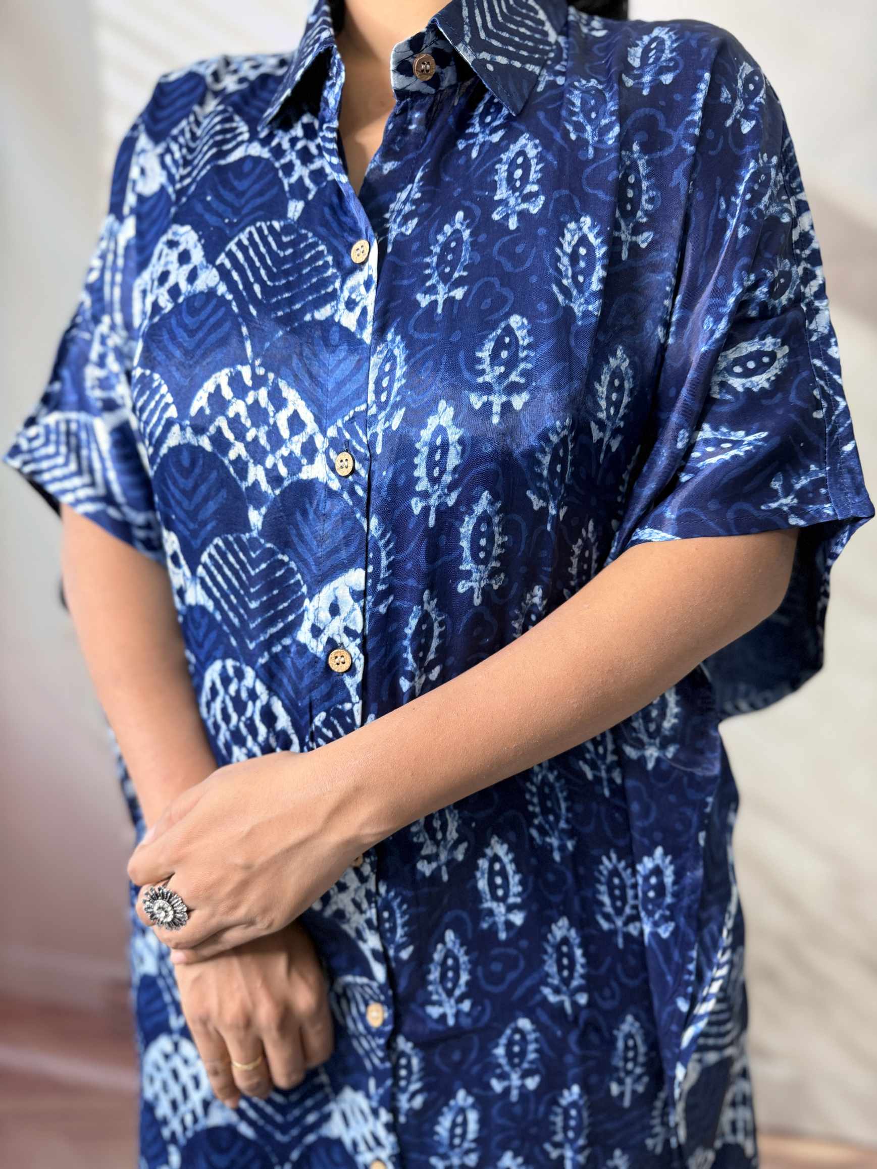 Ela Indigo Dabu Modal Silk Kaftaan