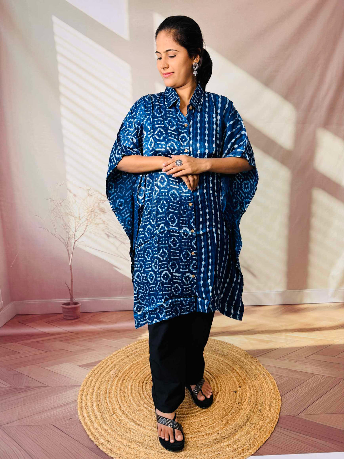 Ela Indigo Dabu Modal Silk Kaftaan