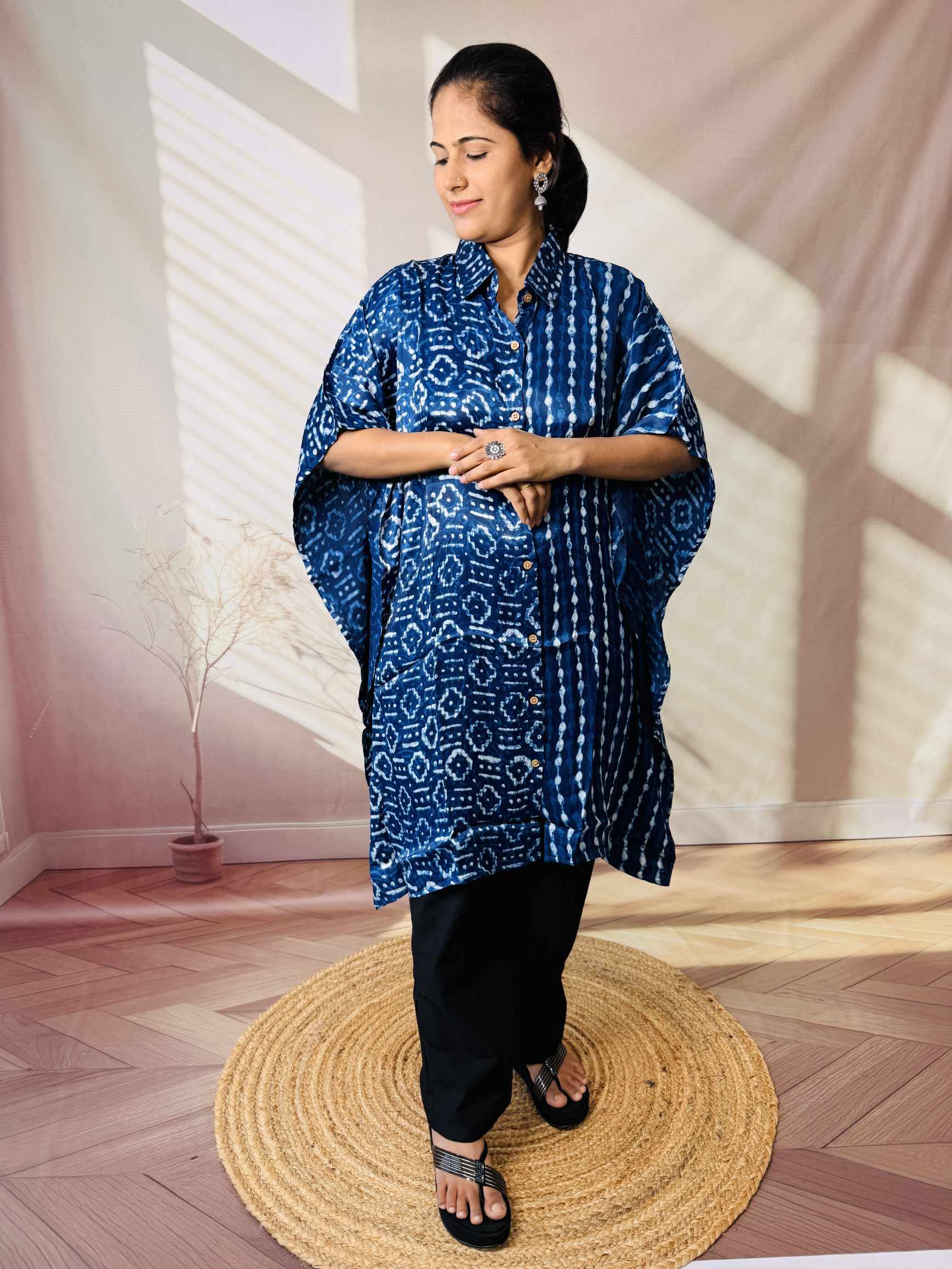 Ela Indigo Dabu Modal Silk Kaftaan