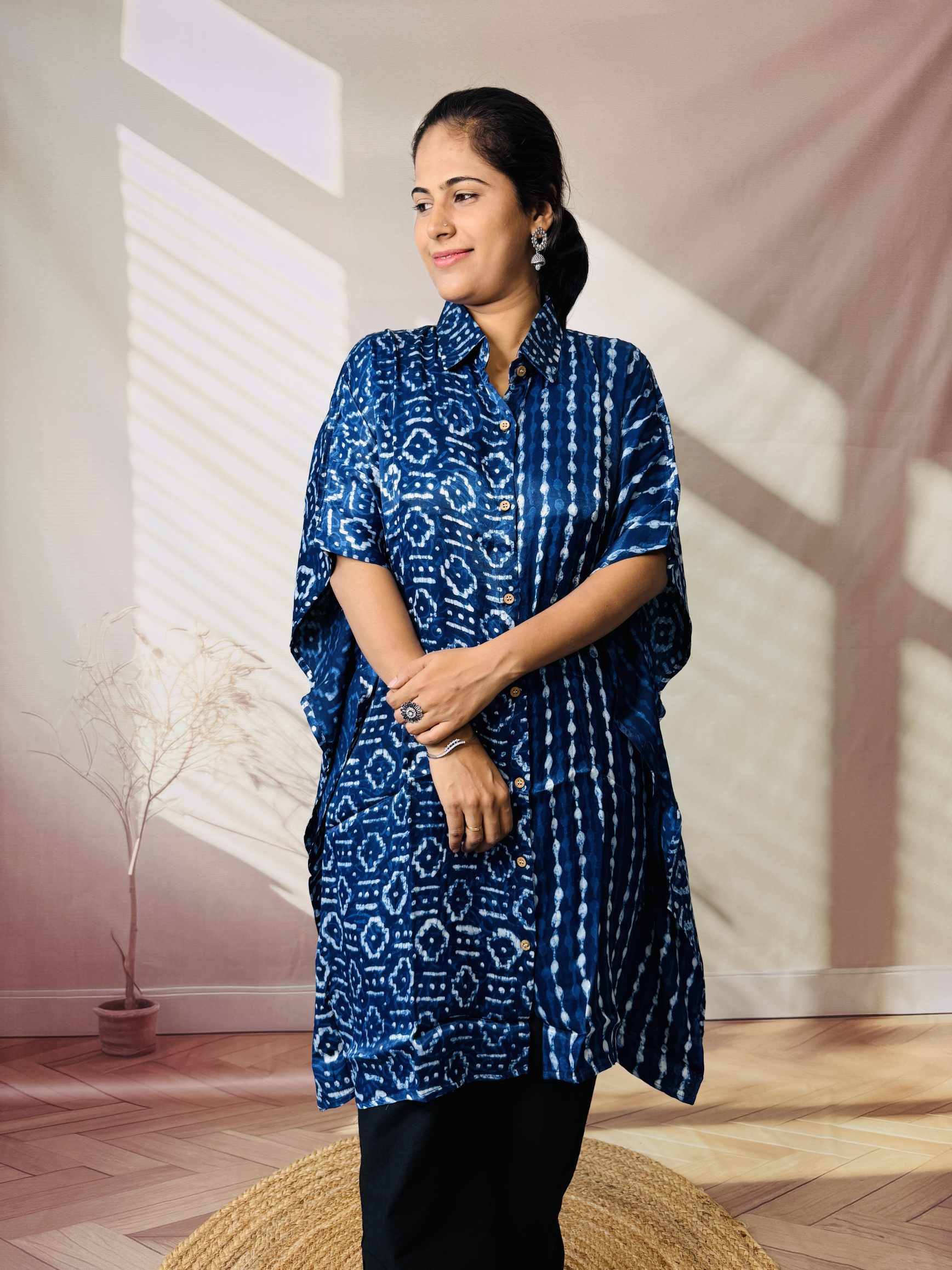 Ela Indigo Dabu Modal Silk Kaftaan