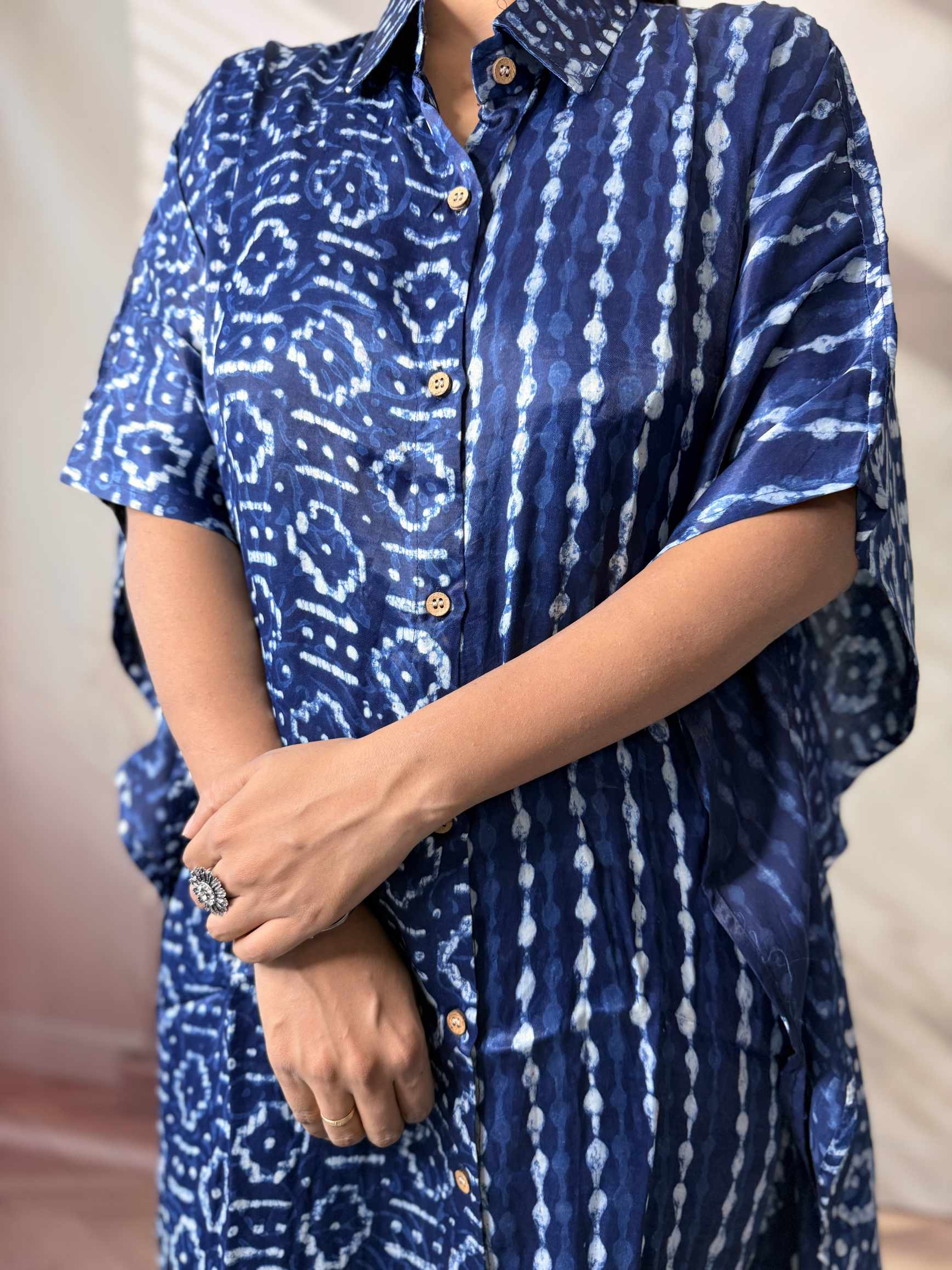 Ela Indigo Dabu Modal Silk Kaftaan