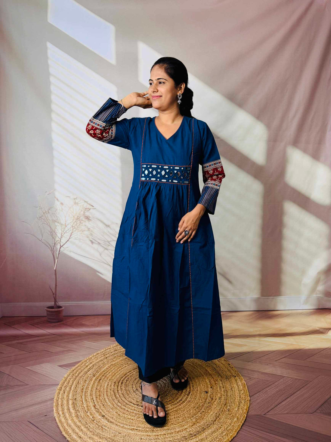 Kasis Ajarakh Plain Mirror Long Kurti/One Piece