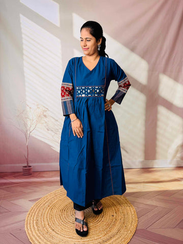 Kasis Ajarakh Plain Mirror Long Kurti/One Piece