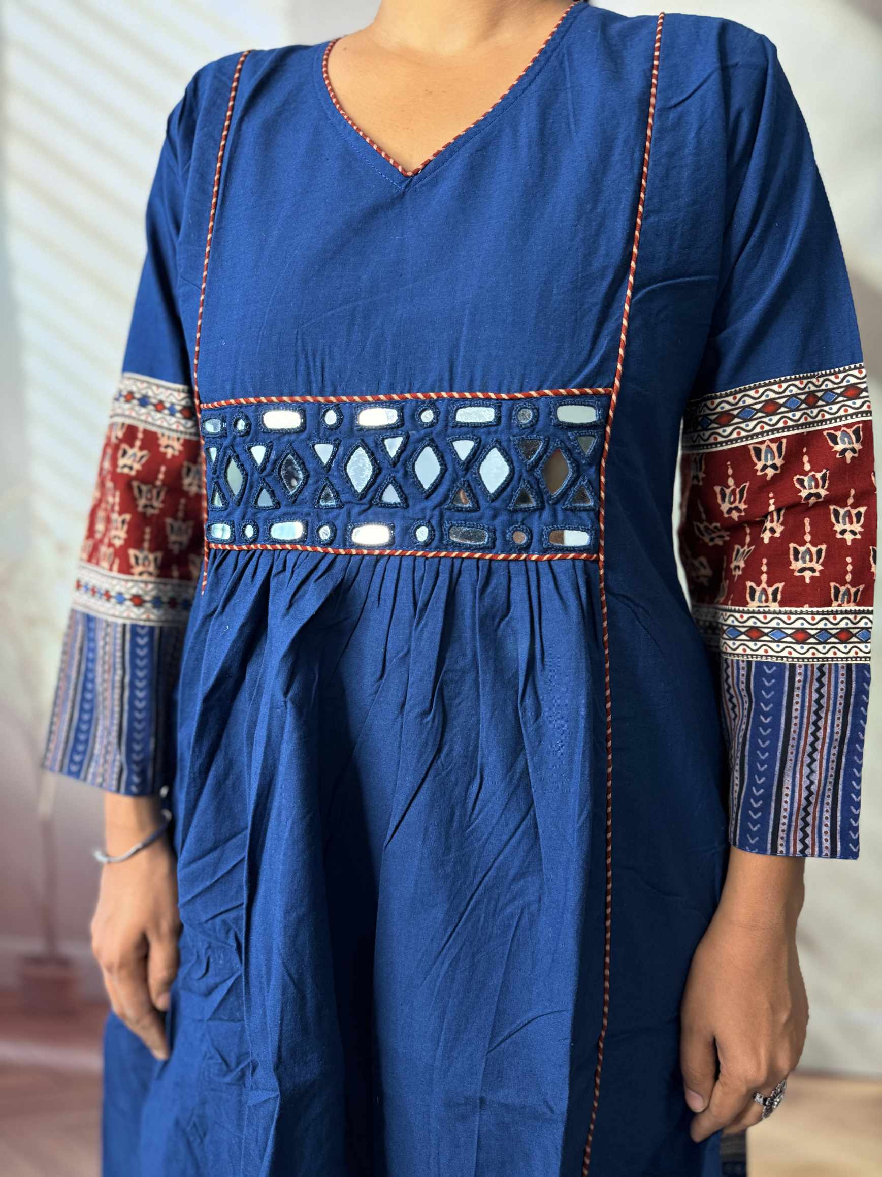 Kasis Ajarakh Plain Mirror Long Kurti/One Piece
