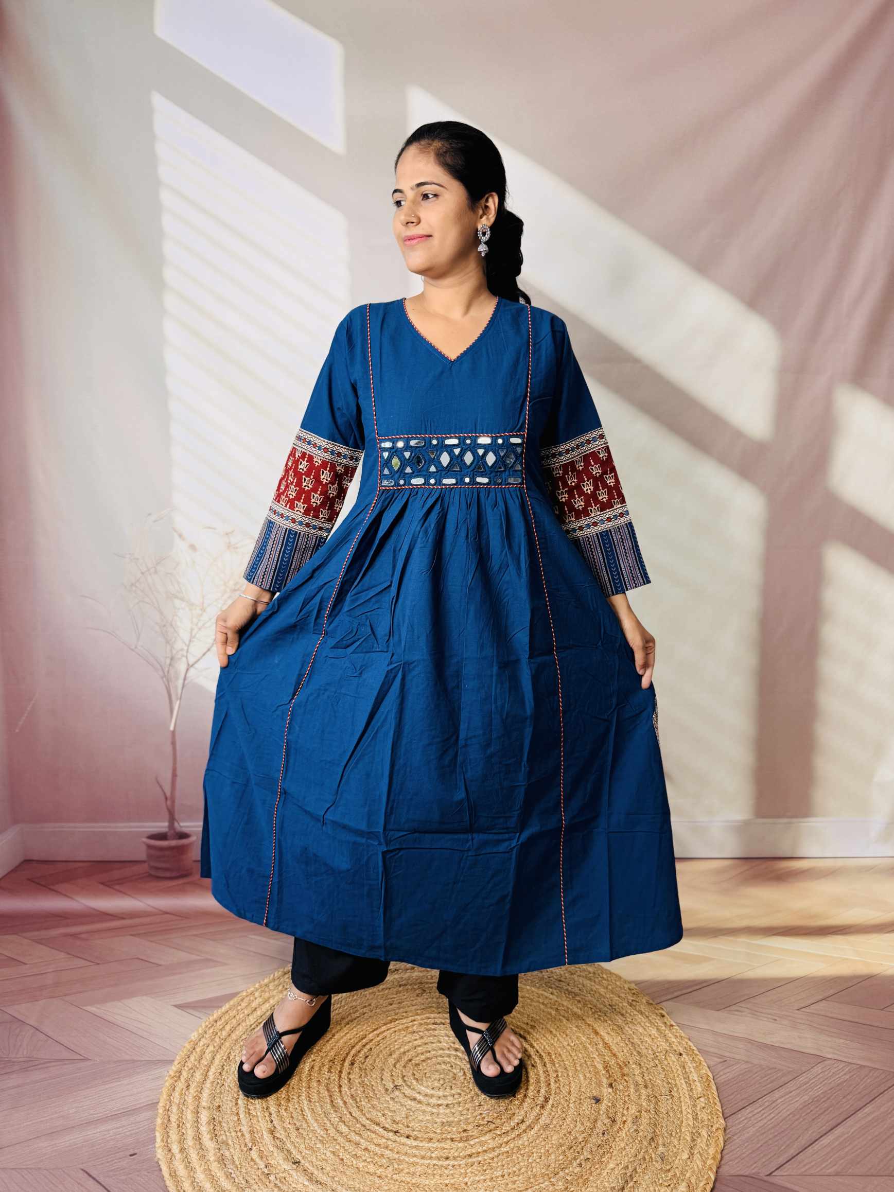 Kasis Ajarakh Plain Mirror Long Kurti/One Piece