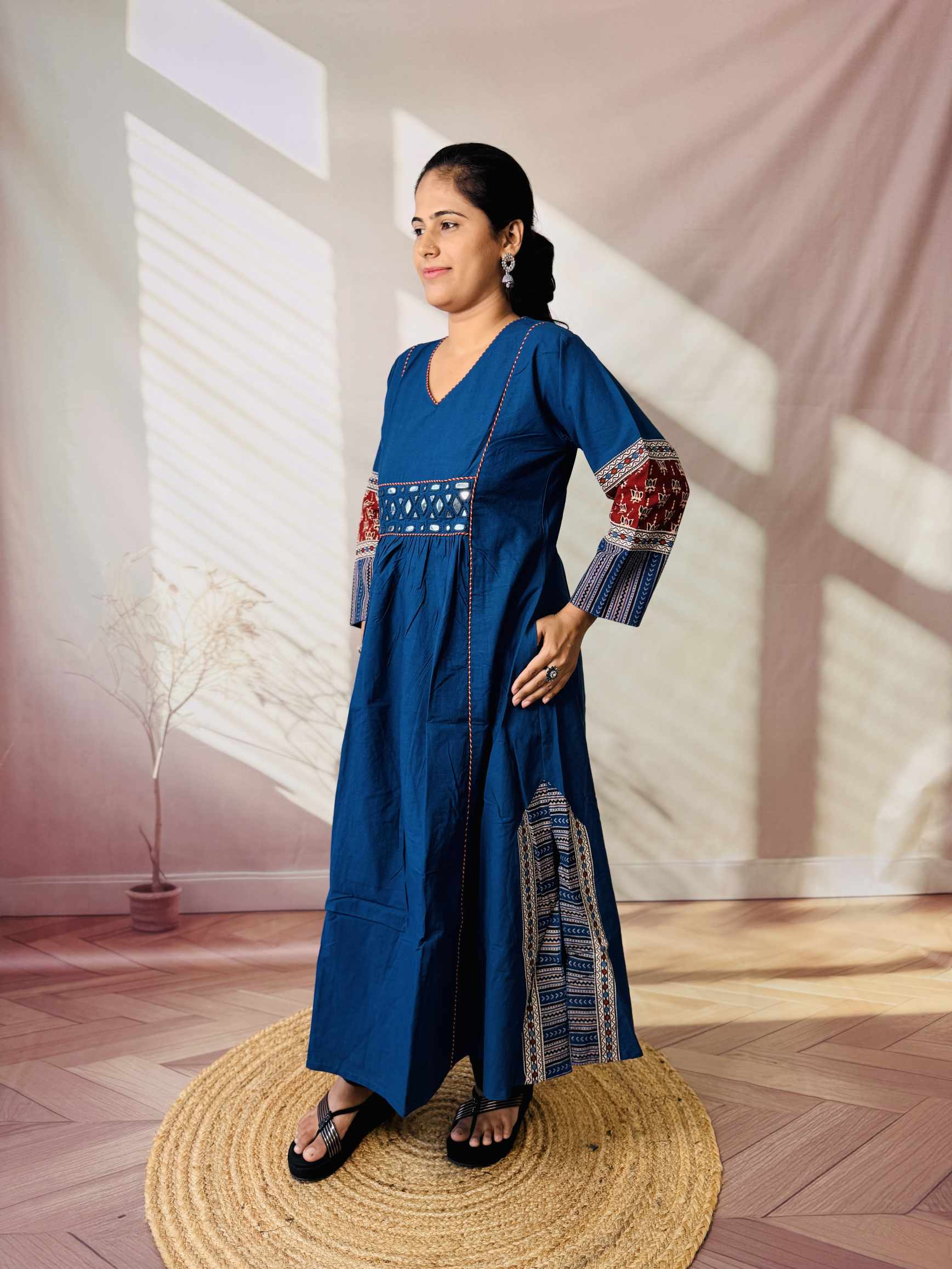 Kasis Ajarakh Plain Mirror Long Kurti/One Piece