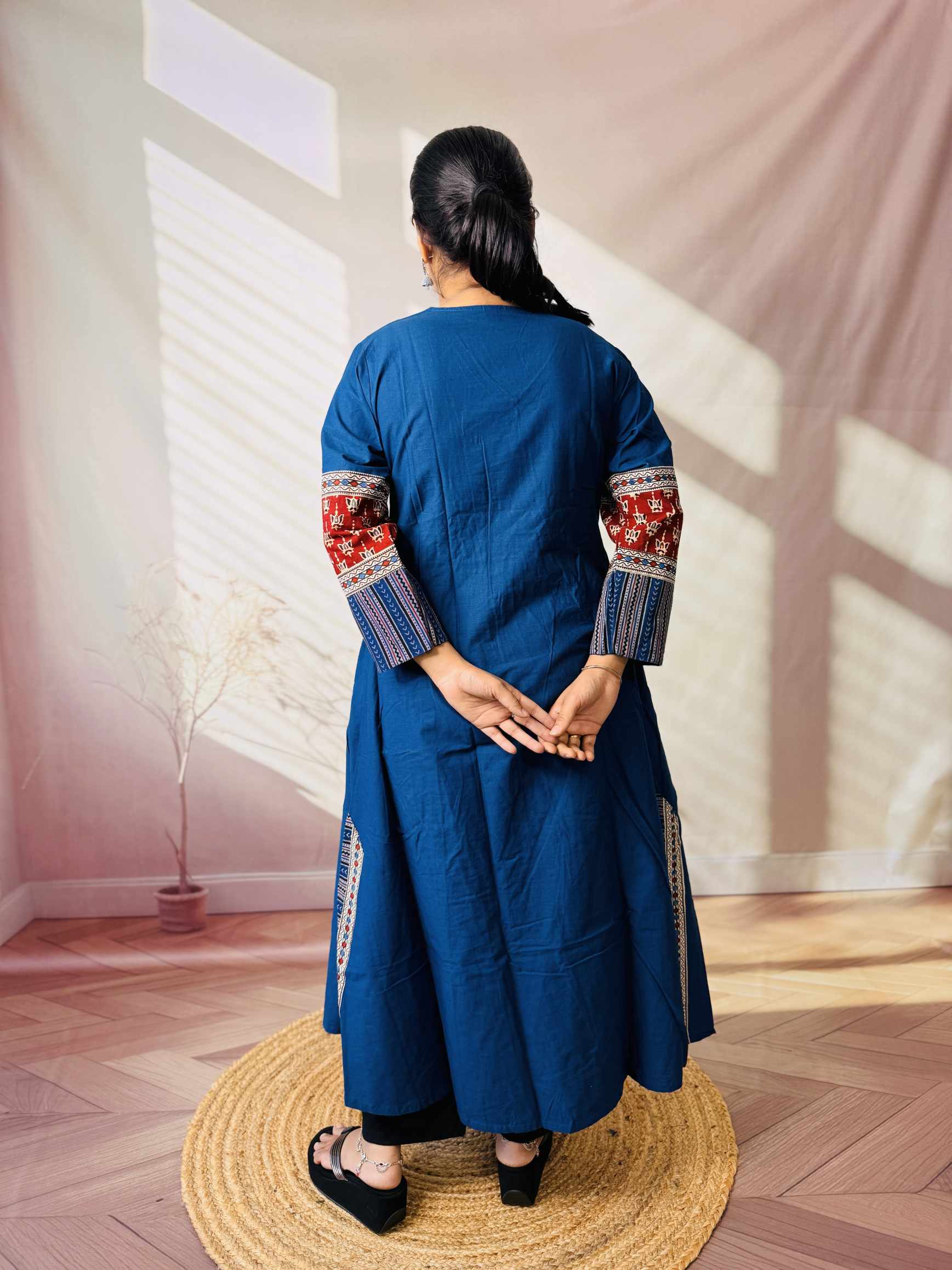 Kasis Ajarakh Plain Mirror Long Kurti/One Piece