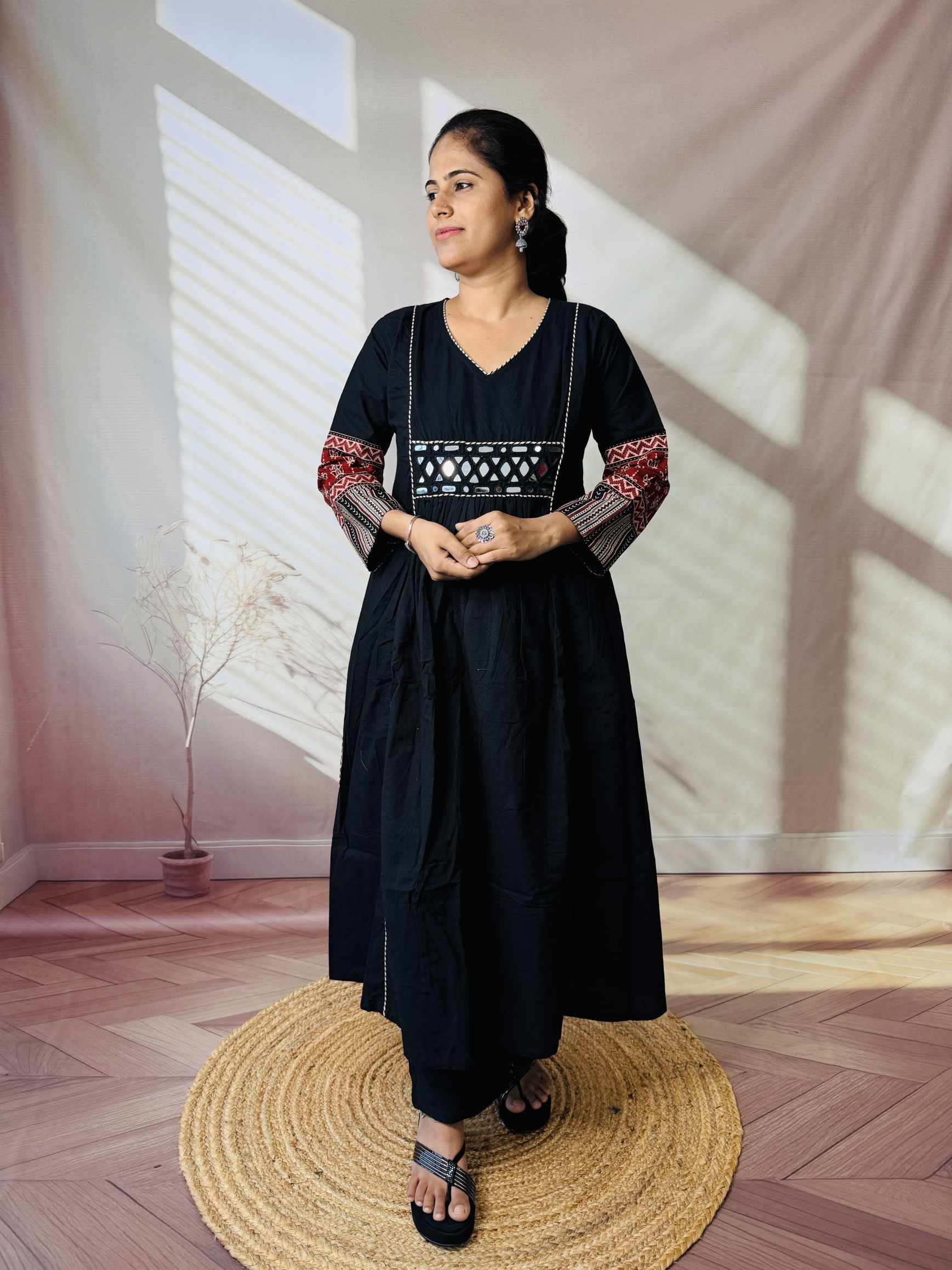 Kasis Ajarakh Plain Mirror Long Kurti/One Piece