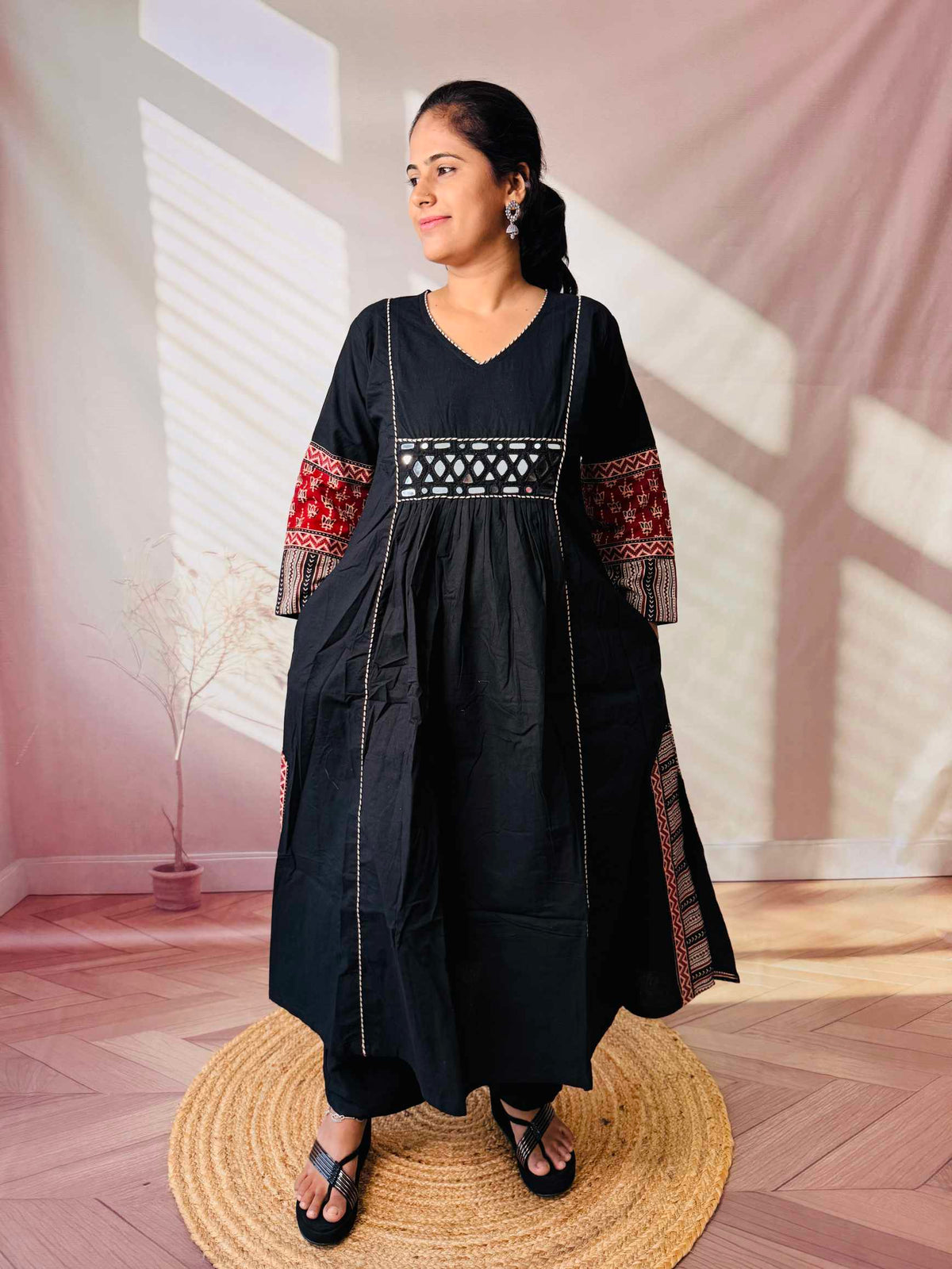 Kasis Ajarakh Plain Mirror Long Kurti/One Piece