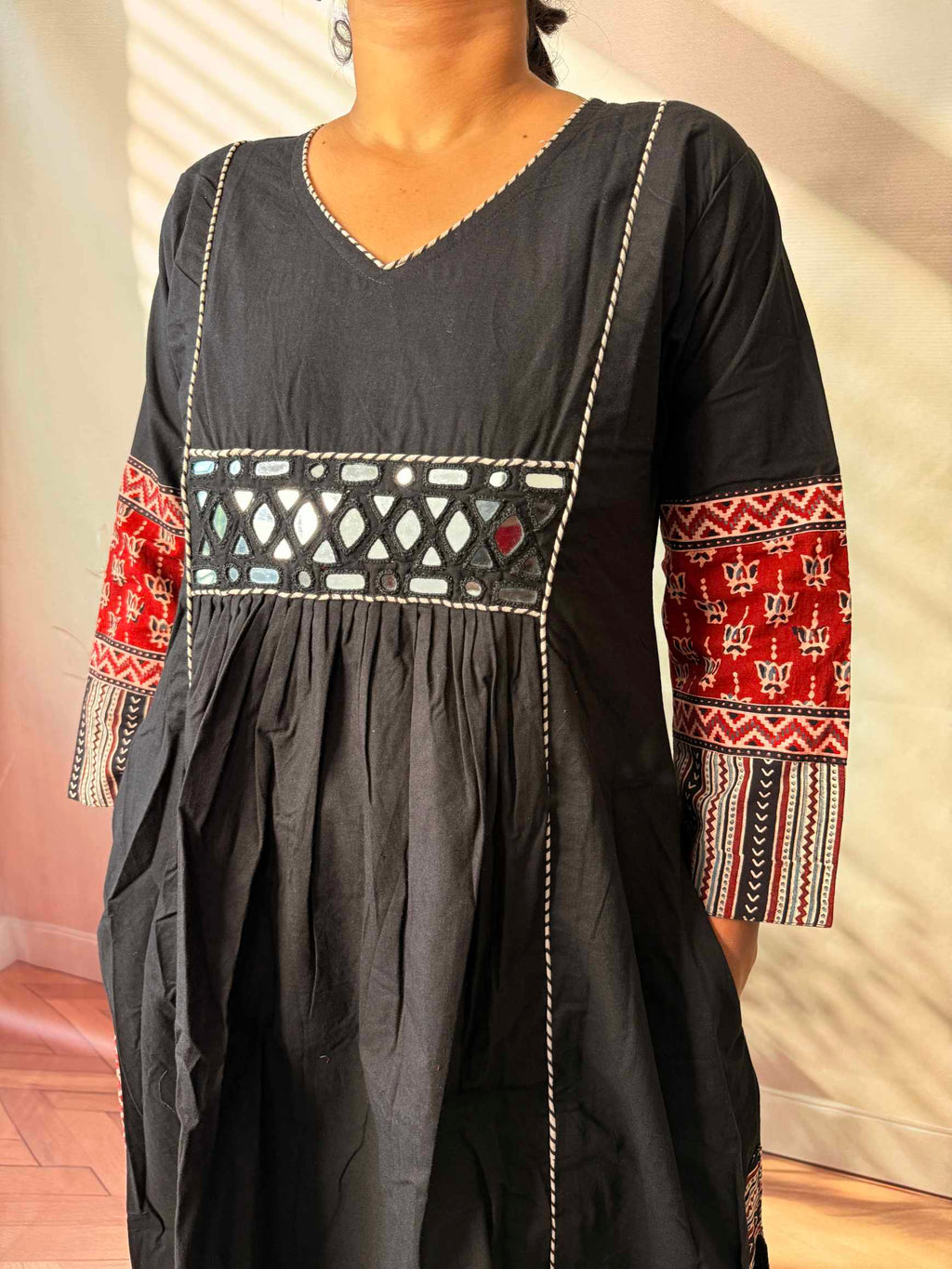 Kasis Ajarakh Plain Mirror Long Kurti/One Piece
