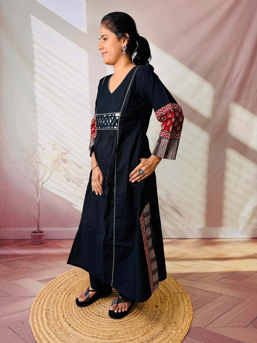 Kasis Ajarakh Plain Mirror Long Kurti/One Piece