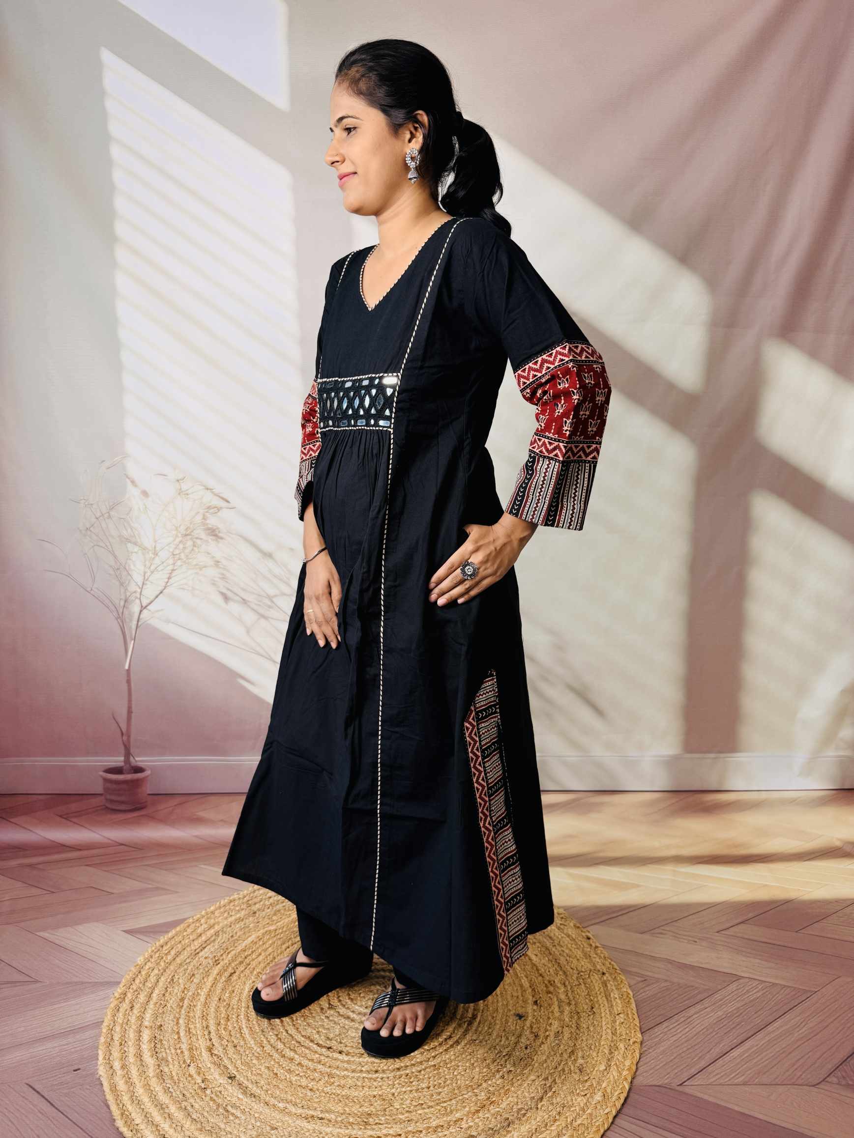 Kasis Ajarakh Plain Mirror Long Kurti/One Piece