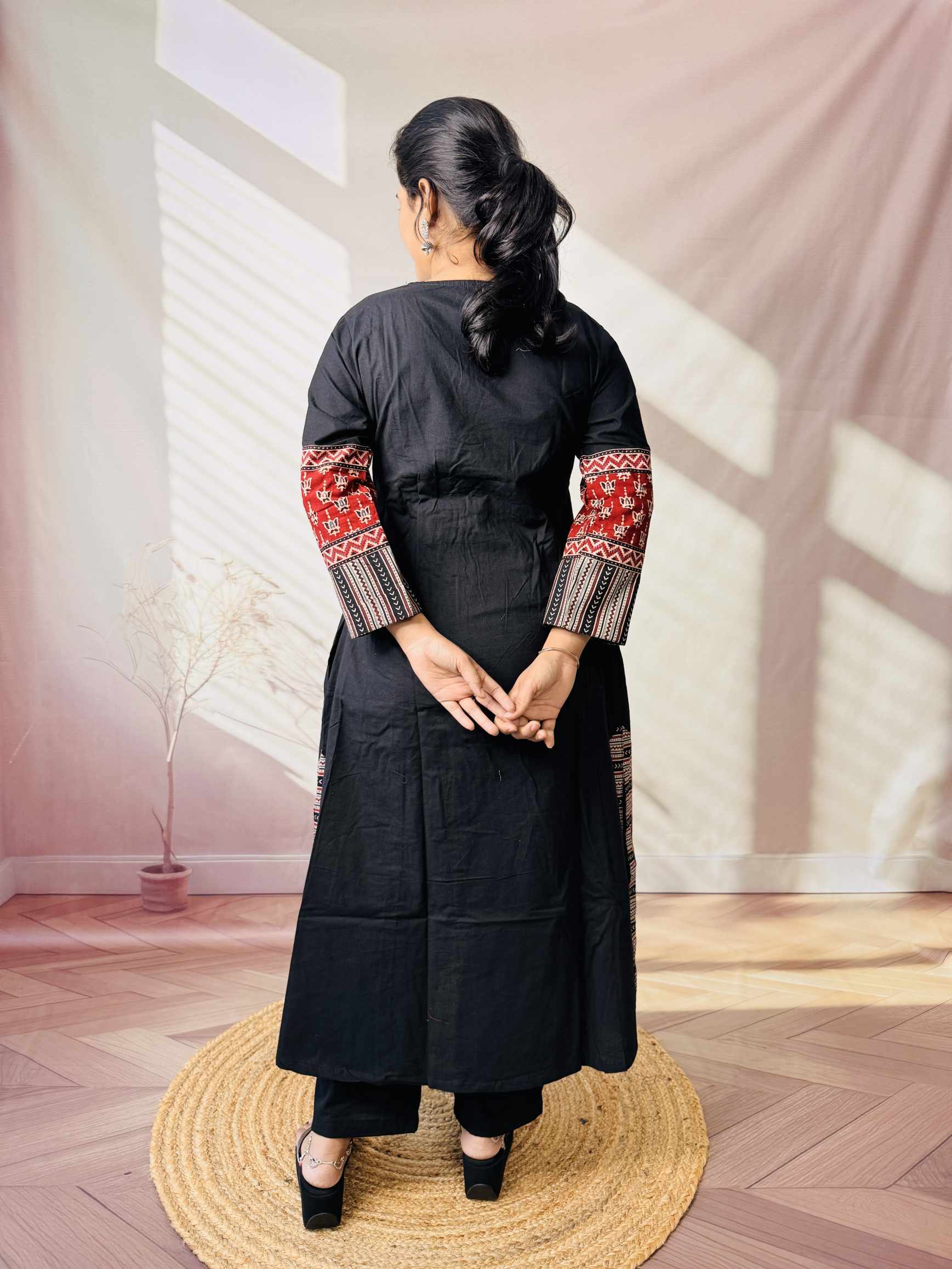 Kasis Ajarakh Plain Mirror Long Kurti/One Piece