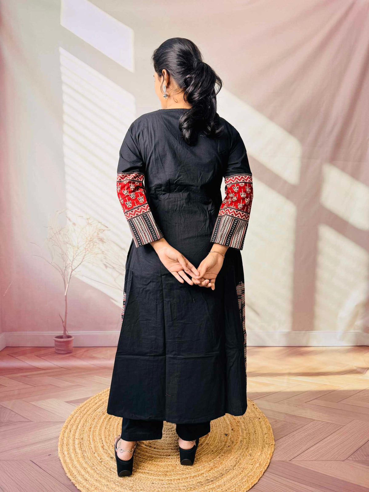 Kasis Ajarakh Plain Mirror Long Kurti/One Piece