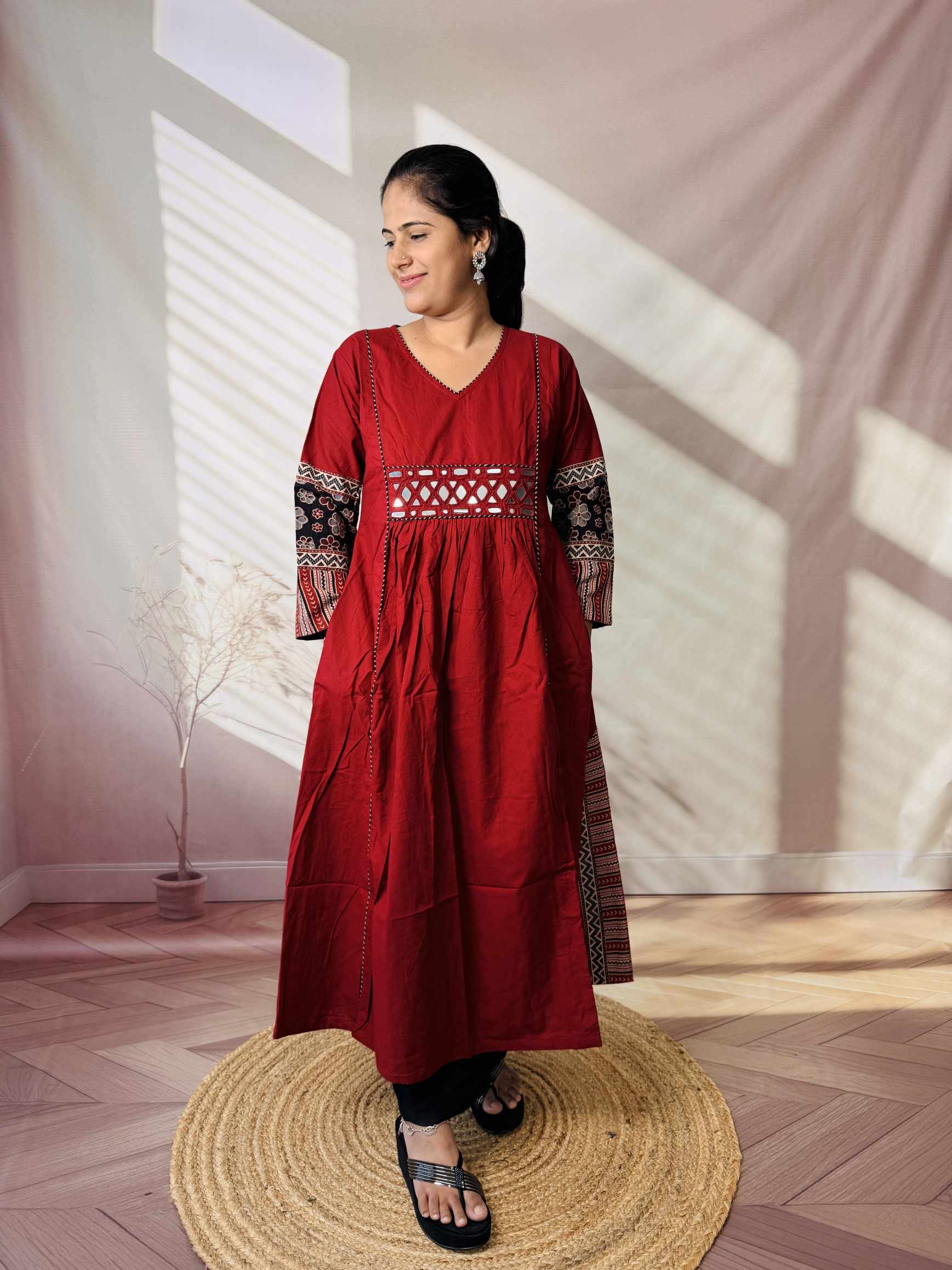 Kasis Ajarakh Plain Mirror Long Kurti/One Piece