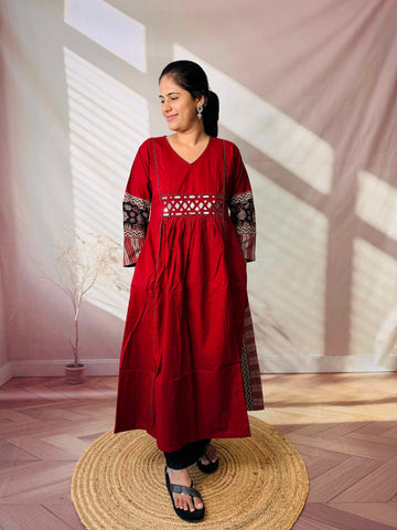 Kasis Ajarakh Plain Mirror Long Kurti/One Piece