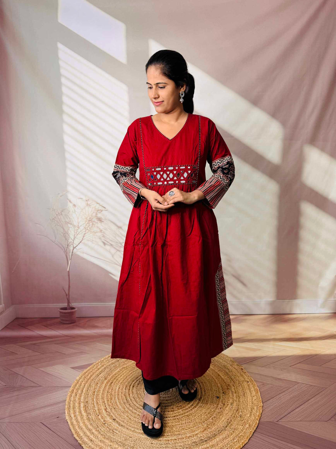 Kasis Ajarakh Plain Mirror Long Kurti/One Piece